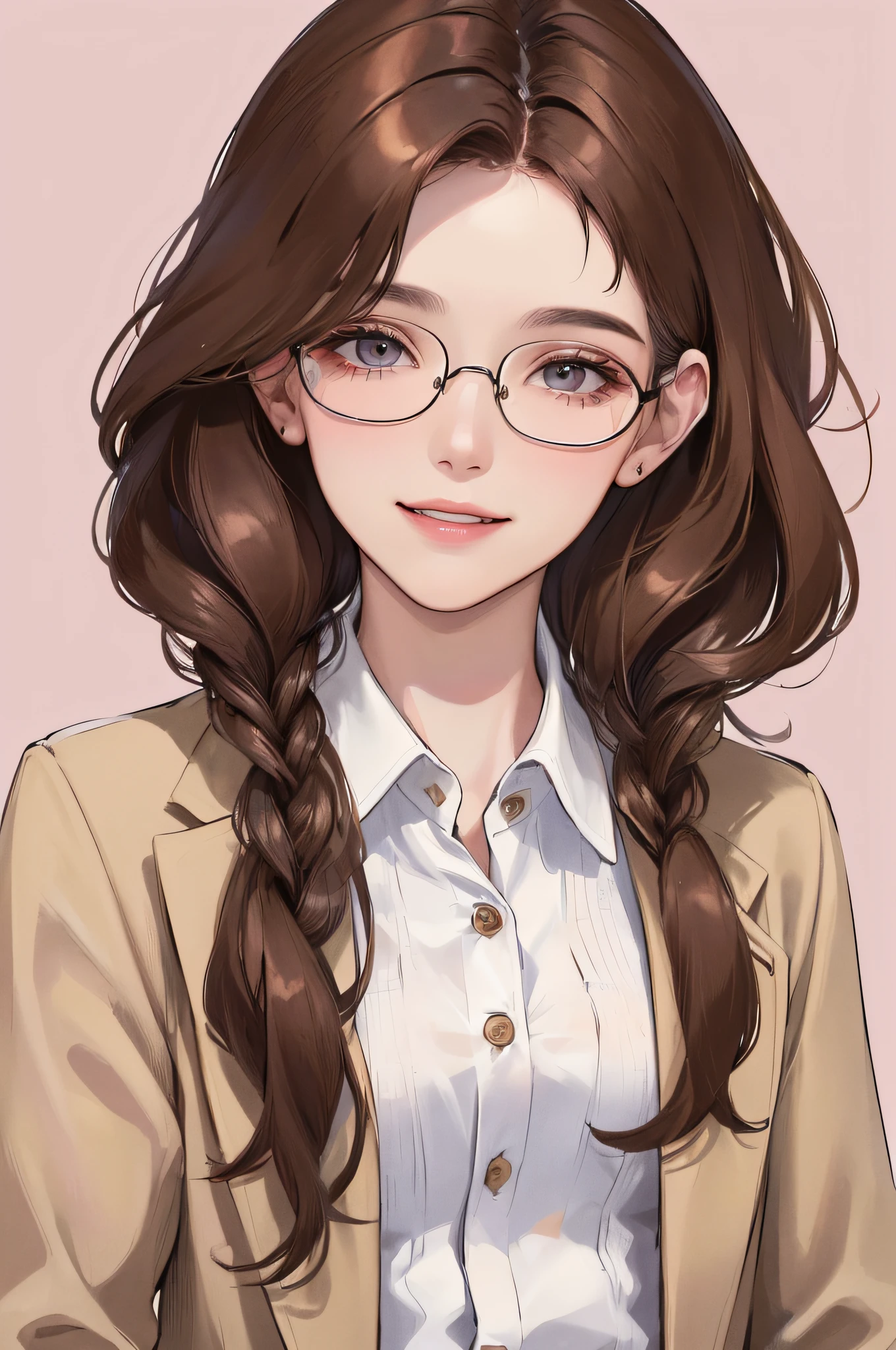 (((1 woman))),(MAX resolution, distinct_image) Best quality, masterpiece, highly detailed, semi-realistic, brown braid hair, black-rimmed glasses, smile, bangs, 21 years old, mature, young, white Y-shirt, beige tailored jacket, pink background, delicate facial features, facial features