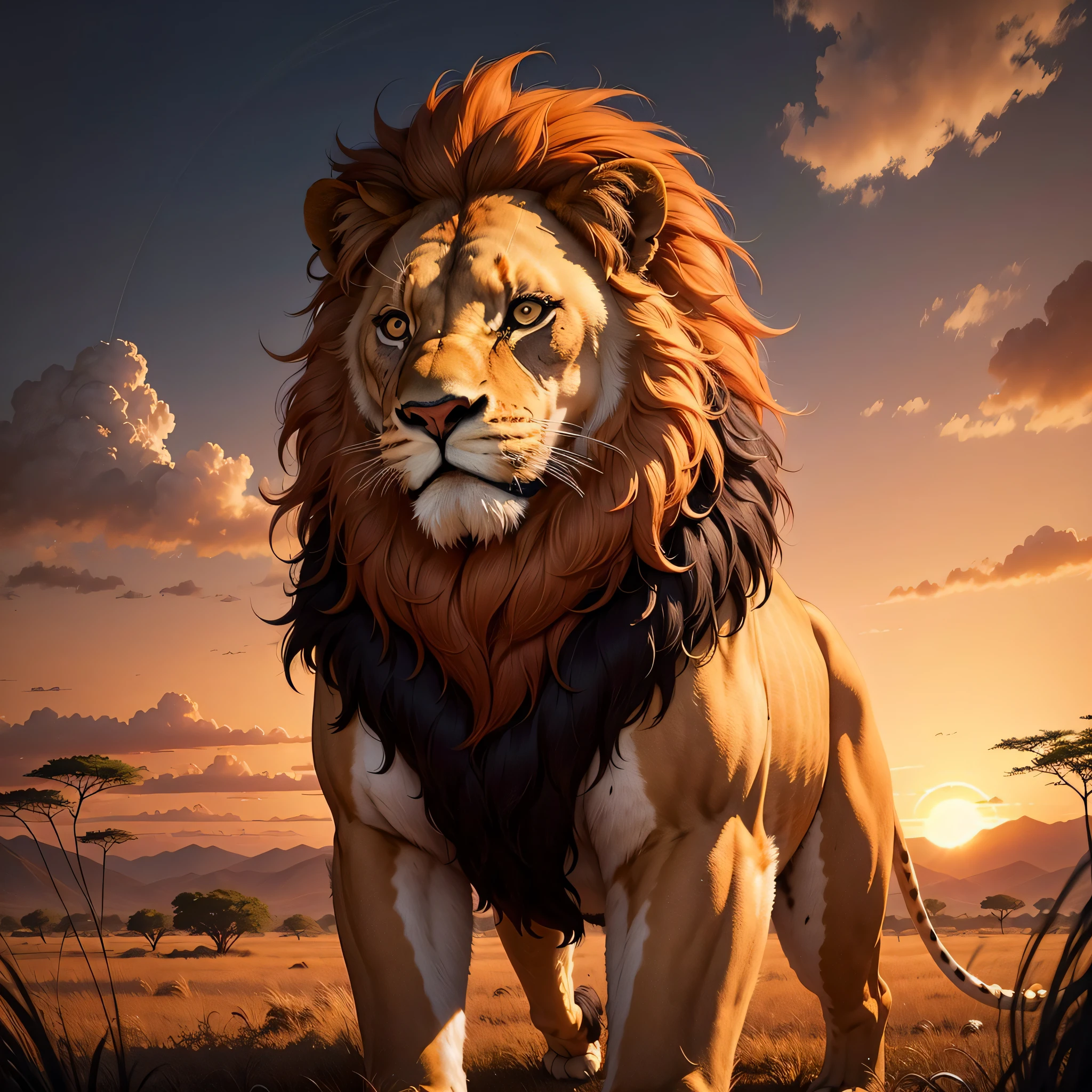 A majestic and regal lion, its golden mane flowing in the wind as it prowls through the tall grass of the savannah. In the distance, the setting sun paints the sky in shades of fiery orange and deep purple, casting a warm and welcoming glow across the African landscape.