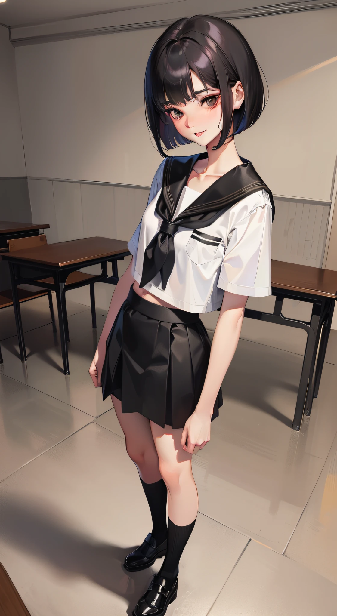 (Masterpiece), (Best Quality), (Ultra High Resolution), Realistic, NSFW, 1 Girl, (Slim Girl:1.0), (yo:1.0), Full Body, School Uniform, (Serrafo:1.3), (Black Sailor Collar:1.0), Short Sleeves, (Black Skirt), (:1.0), (Narrow waist), White shy skin, (Black Bob cut: 1.3), (Hair behind the ear: 1.3), (Hair: 1.3), Beautiful dark eyes, (Beautiful face: 1.1), (Face Focus: 1.3), (Seductive Smile: 1.1), (Blush: 1.3), (Split Lips: 1.0), (Standing), (Looking at the Audience: 1.0), Soft Lighting, Summer, (In the classroom: 1.0),