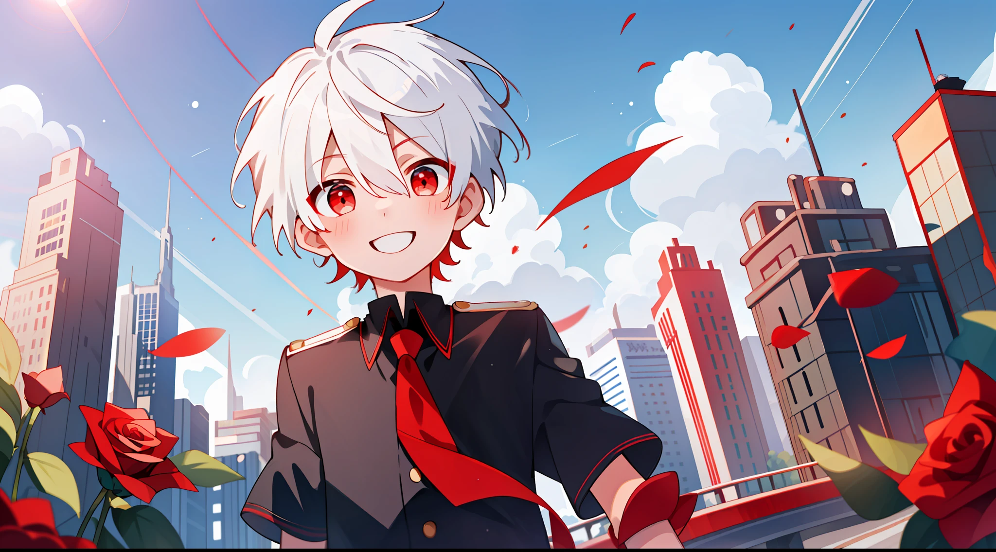 (high-quality, breathtaking),(expressive eyes, perfect face), 1boy, solo, short, young boy, short white hair, red eyes, smiling, black school uniform, wear short shorts, urban setting, sunshine, blue sky, shine, glow, red roses.