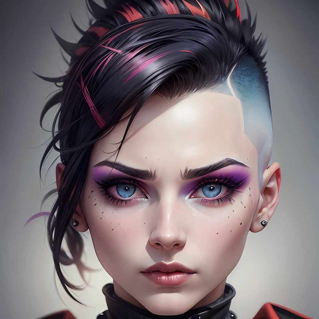 a portrait of (by Flora Borsi), photo, detailed drawn eyes and pupils, extended eyelashes, well built, ((bright makeup)), sharp focus, ((bright colored hear)), detailed and intricate, realistic octane render, ((Mohawk haircut)), ((style by Flora Borsi))