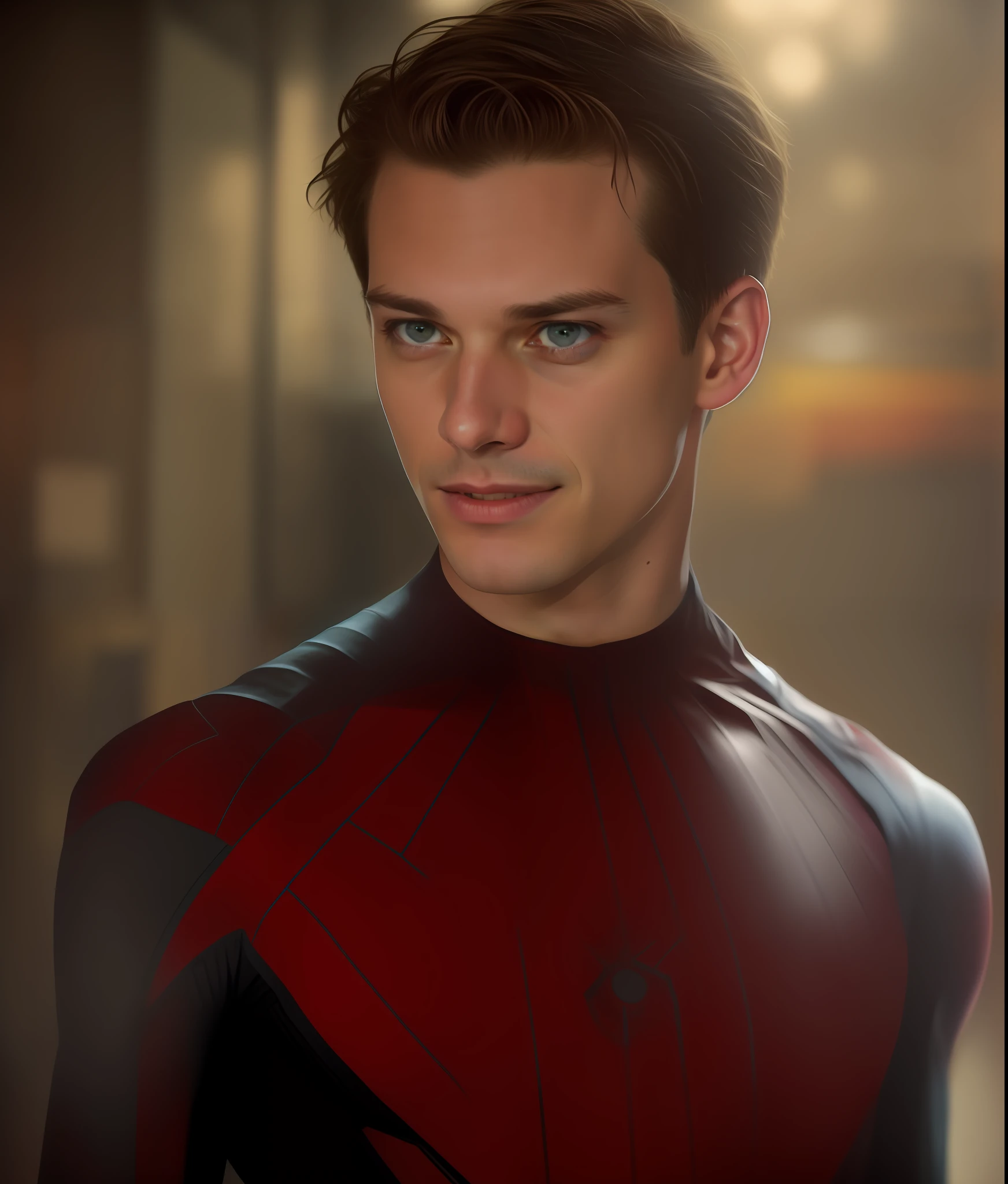solo mid shot portrait photo of [[Andrew Garfield]|Tom Holland] [as Tobey Maguire::0.7] as a real life version of spiderman, open office fantasy background, charming smirking, by Klaus Wittmann and Lynd Ward
ultra realistic highly detailed intricate
photorealistic analog style photograph
sharp focus on eyes, cinematic lighting