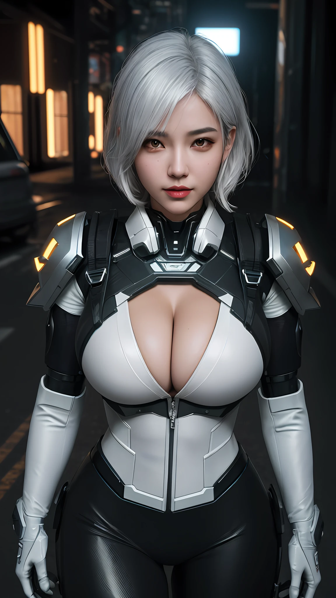 ((8k, masterpiece, best quality)), ultra-detailed, detailed beautiful round eyes, beautifully detailed face, (beautiful detailed boobs), high quality, high resolution, cyberpunk, beautiful, Reality, HDR (High Dynamic Range), Ray Tracing,  Super Resolution, Unreal 5, Subsurface Scattering, PBR Textures, Post Processing, Anisotropic Filtering, Depth of Field, Maximum Clarity and Clarity, Multilayer Textures, Albedo and Specular maps, Surface shading, accurate simulation of light-material interaction, perfect proportions, Octane Render, two-tone lighting, large aperture, low ISO, white balance, rule of thirds, 8K RAW, efficient sub-pixel, sub-pixel volume product, cyborg girl wearing sexy outfit, (large breast:1.5), mecha, ruins of city, plump boobs, perfect boobs, perfect face, perfect body, nighttime, dark outfit, sexy body, white hair, (short hair:1), (female mecha:1), (seductive), --s2