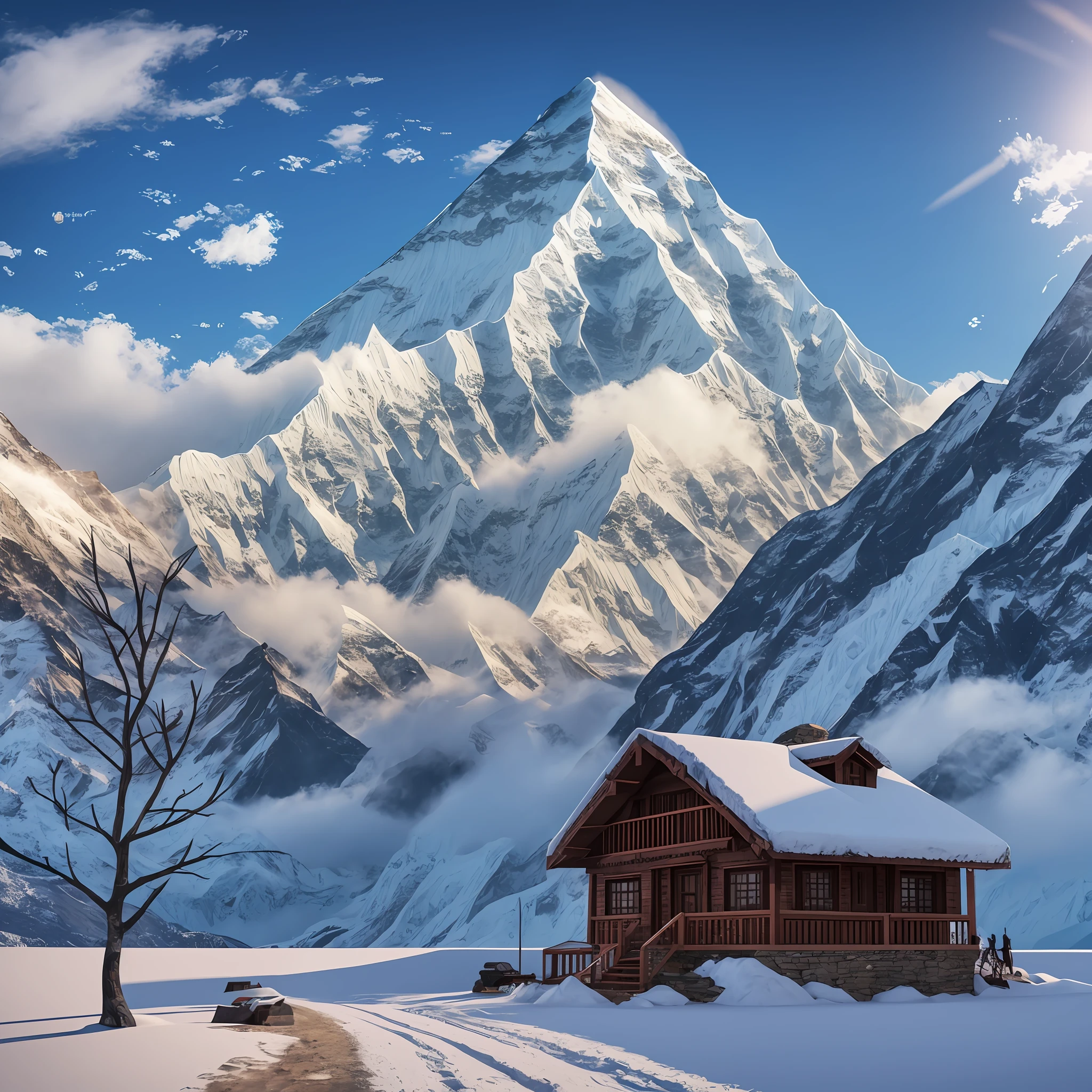 Everest, manaslu, annapurna, nepal, tibete, butan, landscape, house, animals, typical, trees, waterfall, realistic, ultrarealistic, unreal 5, vfx, cinema 4d, davinci resolve, 4k, --auto --s2