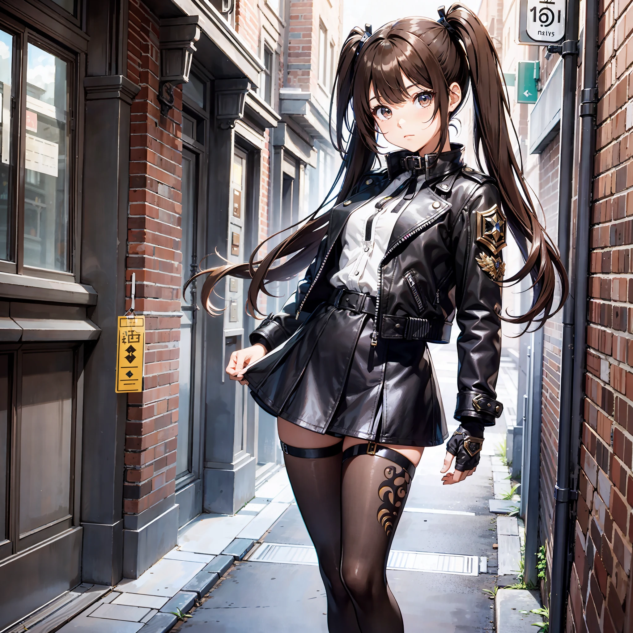 masterpiece, best quality, 1girl, female focus, solo, brown hair, twin tail hair, vibrant brown eyes, looking at viewer, High quality metal texture, closed mouth, bangs, high collar,(kbxll:0.6), Fantasy aesthetics, Highly detailed, shadowverse style, full body, leather jacket