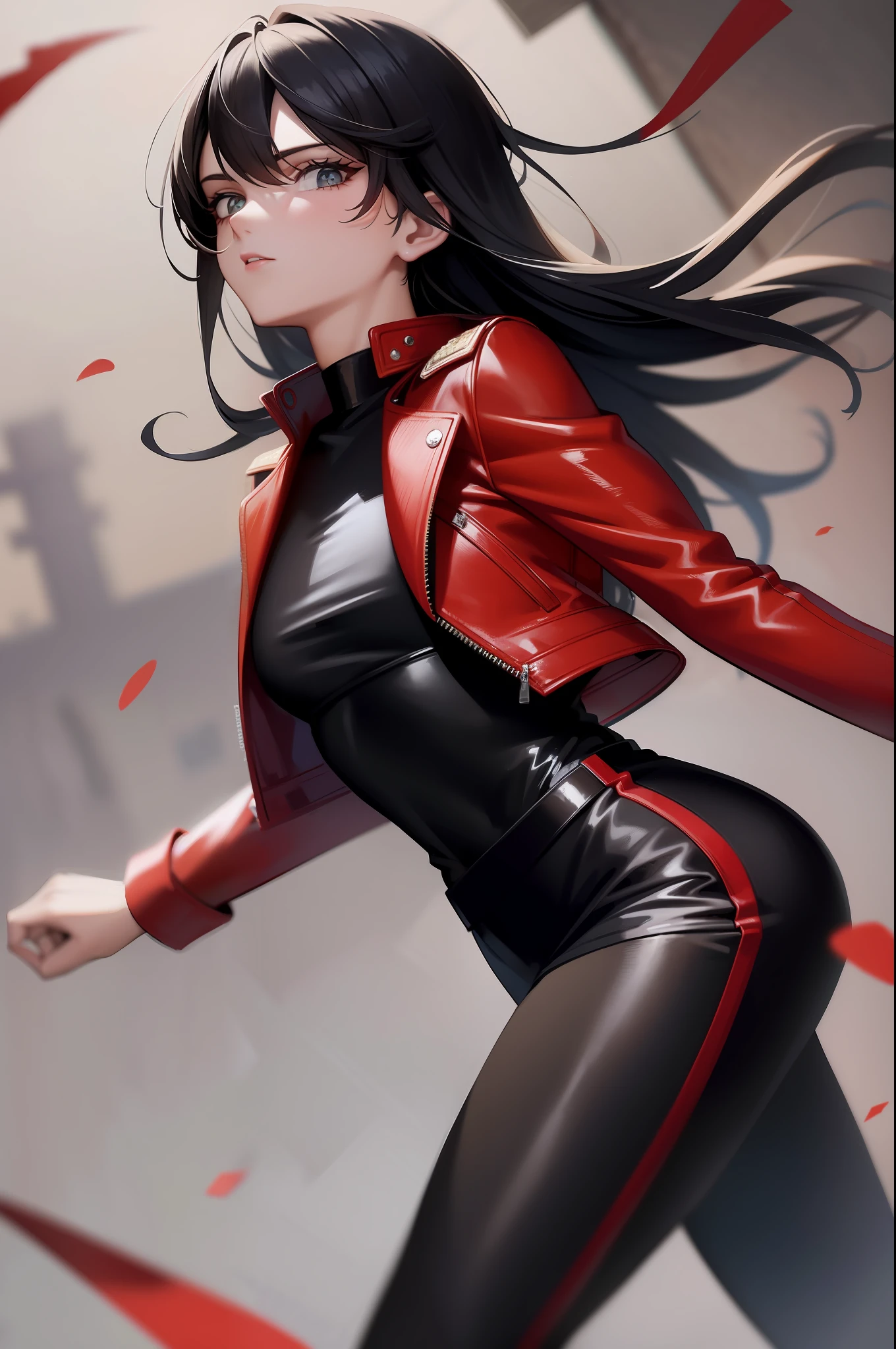 Stylish hero outfit, sprinter hero with red leather jacket and pants, uniform colors black with red, well detailed and stylish uniform oara a sprinter hero