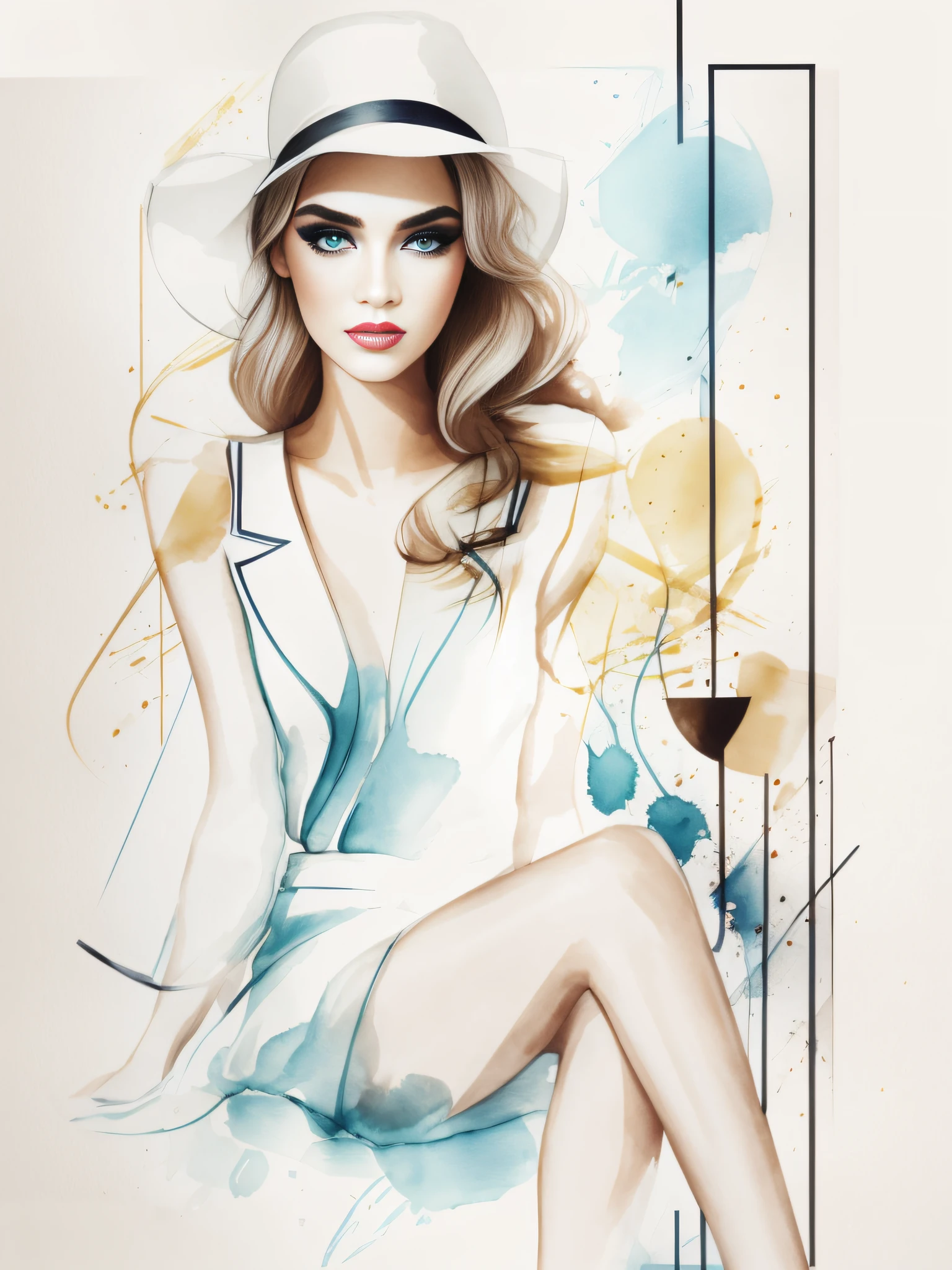 dufkova, beautiful face, beautiful eyes,  fashion, goddess, divine,
illustration, super long legs, ink watercolor,1girl, solo, coffee, afternoon tea, chairs,bar stool, sitting, ornamental, long hair, tiffany blue, nikon yellow, UPS brown, hat, thighighs, high heels, shopping bags, see through, white background, lips, eyelashes, makeup, lipstick, eyeshadow, 2d, lineart,