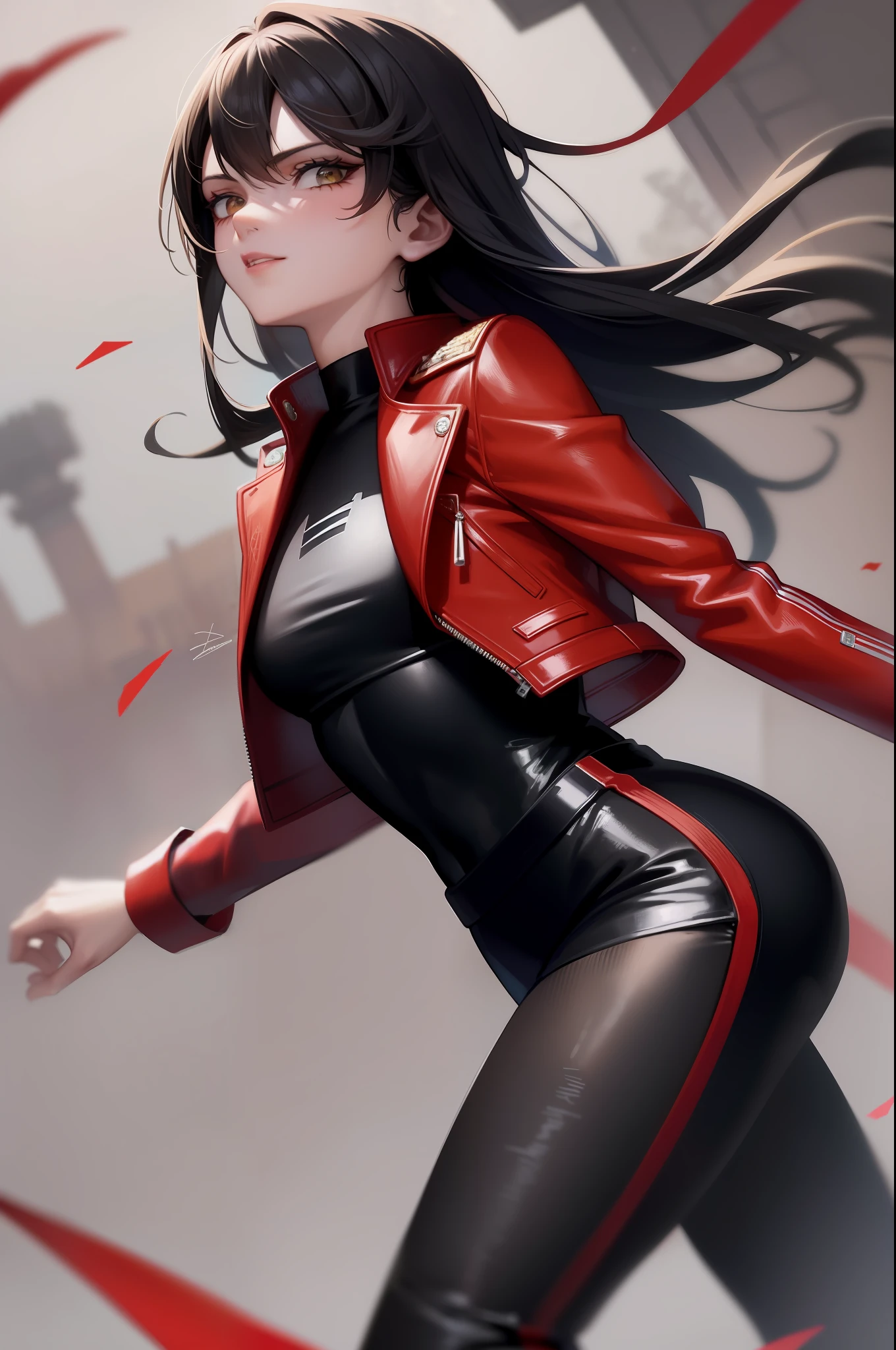 Stylish hero outfit, sprinter hero with red leather jacket and pants, uniform colors black with red, well detailed and stylish uniform oara a sprinter hero