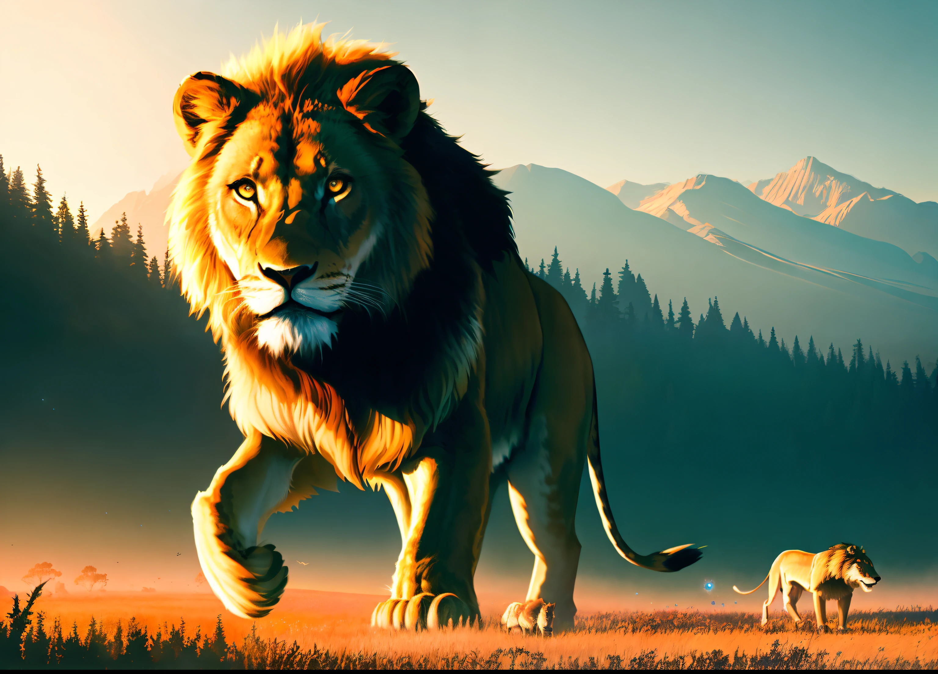 dream landscape, simulation, physical particles, translucence, cinematic lighting, iridescence, digital painting, ((by ash thorp))，
Realistic style，Lion，Confrontation，Pack of wolves，Grassland or Savannah