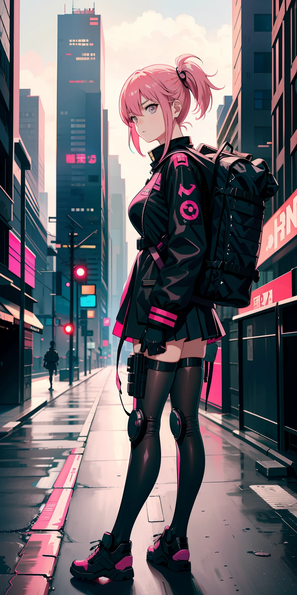 Anime girl with pink hair, military outfit, dark suit, cyberpunk style, tactical equipment, technological outfit, serious look, gray eyes, tactical backpack, city in the background, blur