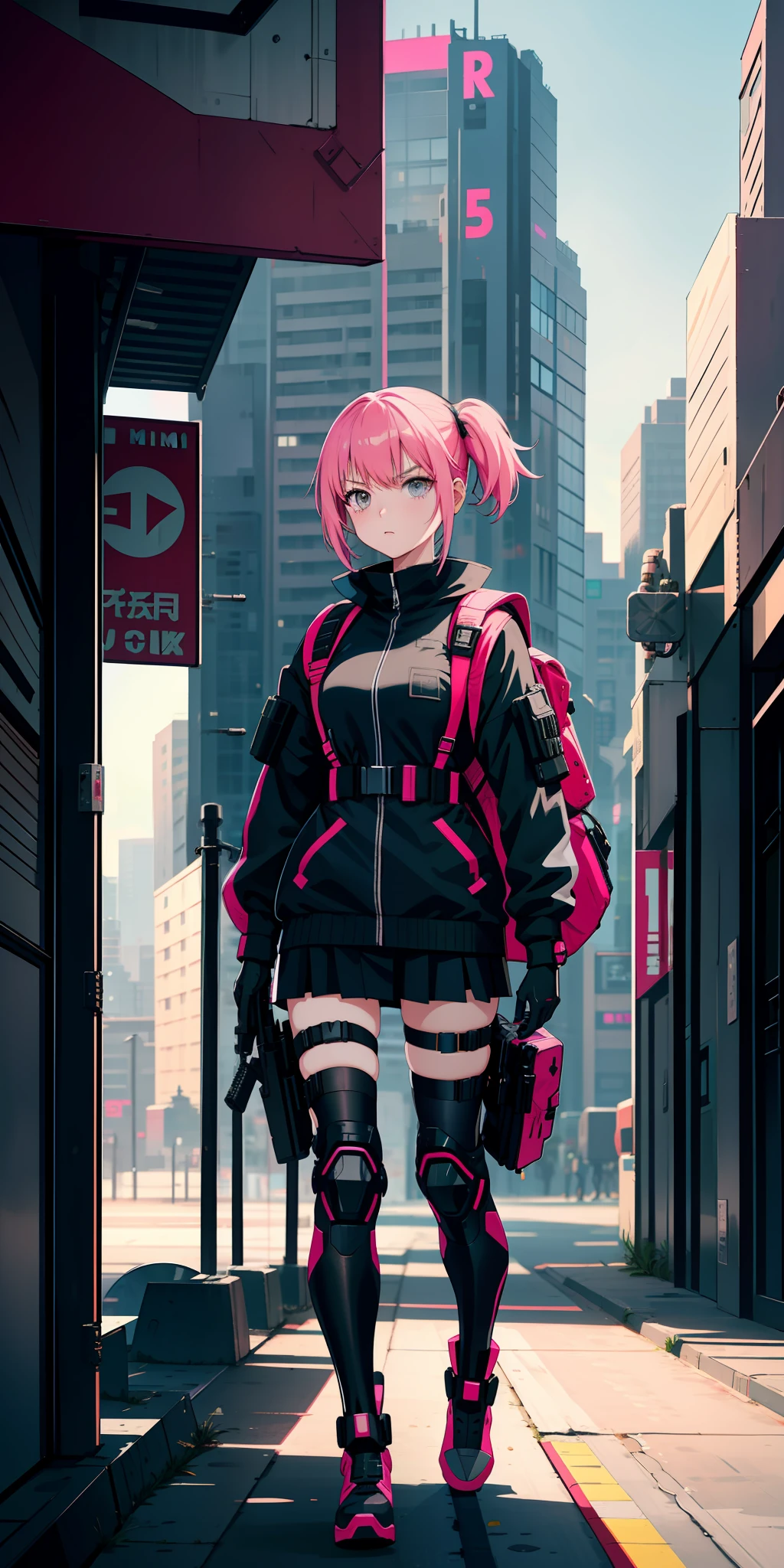 Anime girl with pink hair, military outfit, dark suit, cyberpunk style, tactical equipment, technological outfit, serious look, gray eyes, tactical backpack, city in the background, blur
