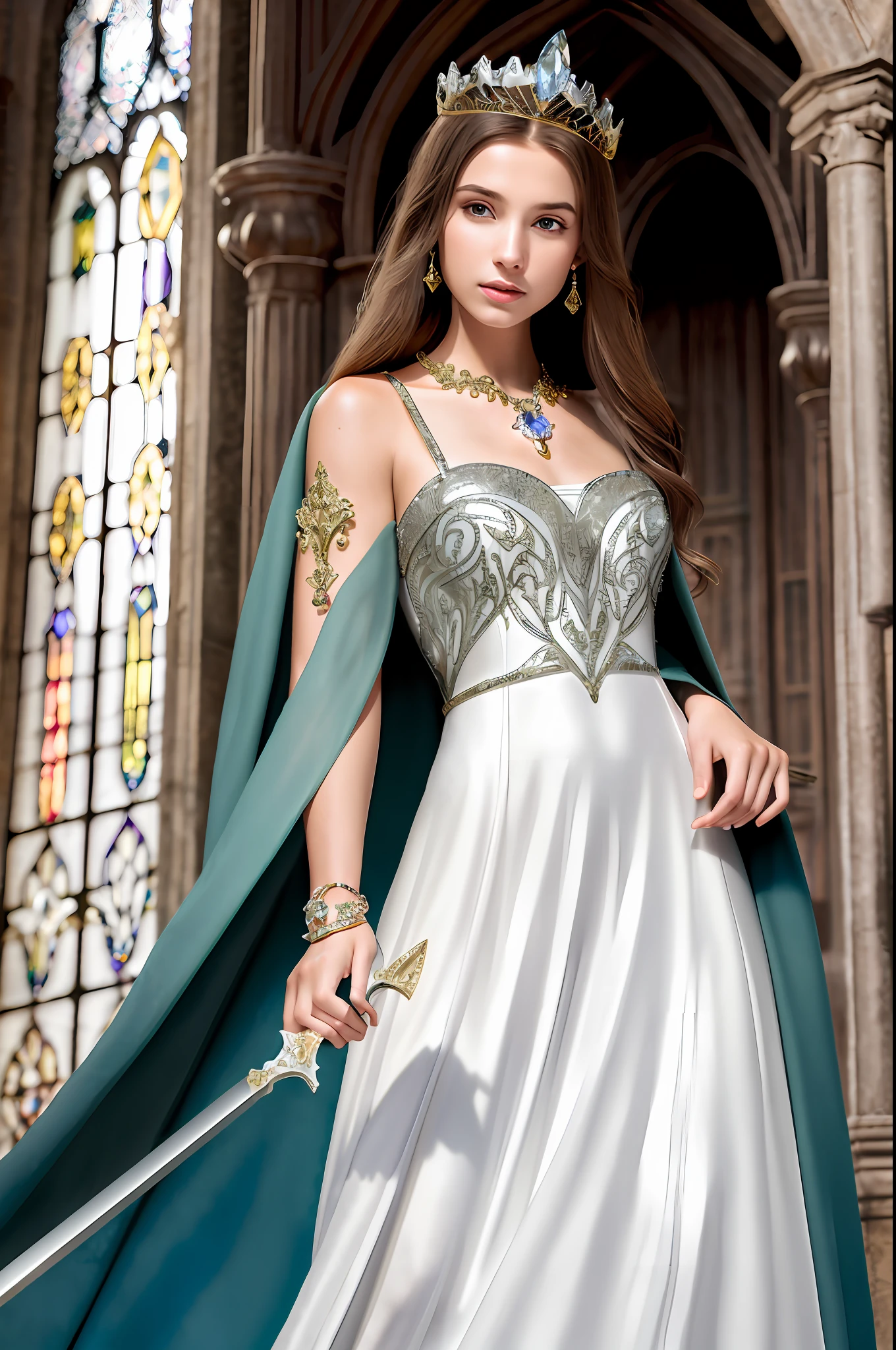 masterpiece, (photorealistic:1.4), best quality, beautiful lighting, medieval chapel, indoors, upper body, 1 girl, natural beautiful female, slender woman, noble queen, detailed, intricate, RAW photo, 8k uhd, film grain
intricate detail formal dress, jewelry, gem, gold, silver, diamond, glint, sapphire, ruby, emerald, pearl,hair ornament ,wind blowing hair flying, sword,
flapping cloak, gorgeous tiara, jewelry, gem, gold, silver, diamond, glint, sapphire, ruby, emerald, pearl,