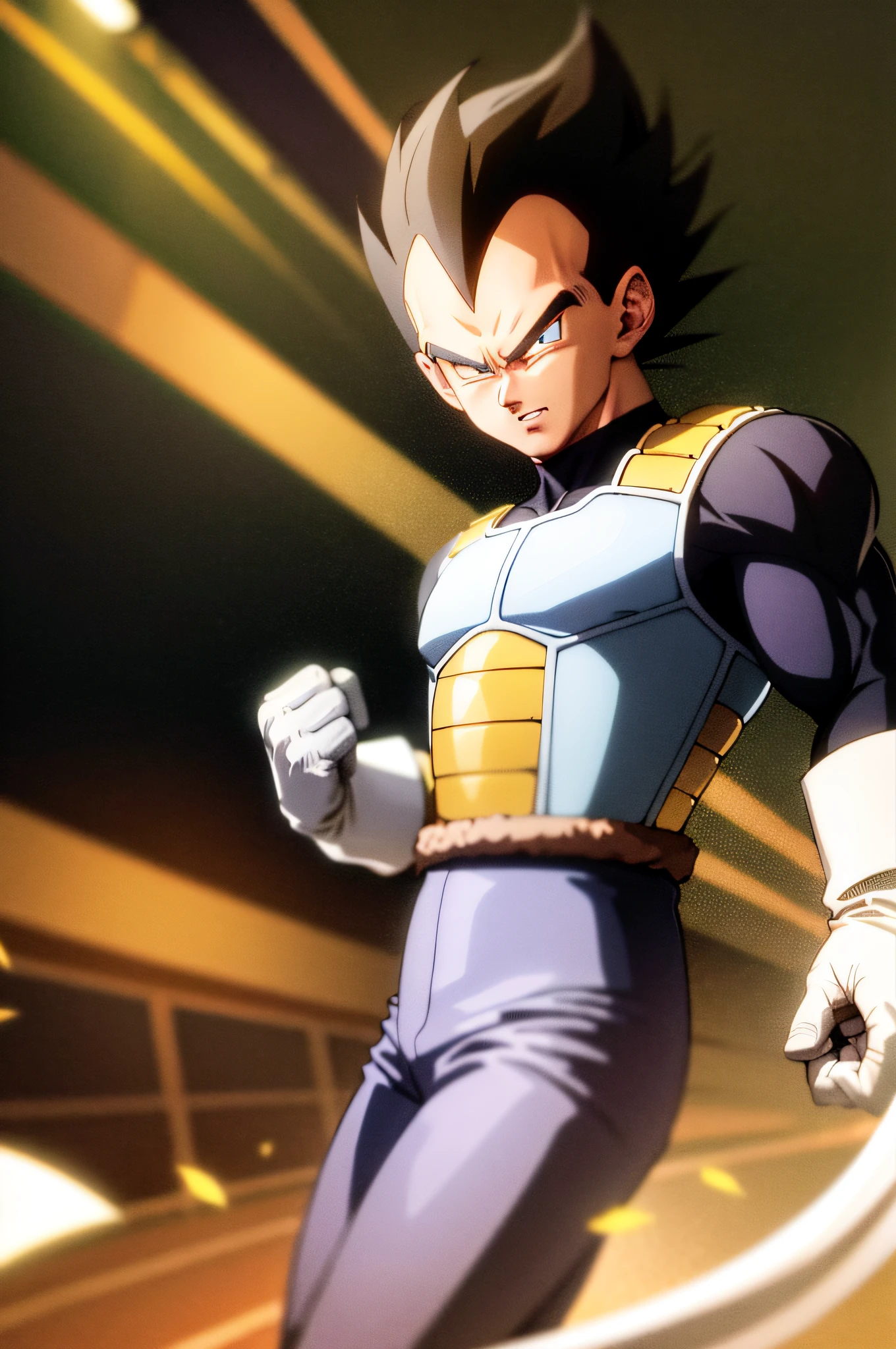 (cinematic, best quality:1.2), cowboy shot, solo, 1boy, vegeta, serious, looking at viewer, black spiked hair, black eyes, armor, white gloves