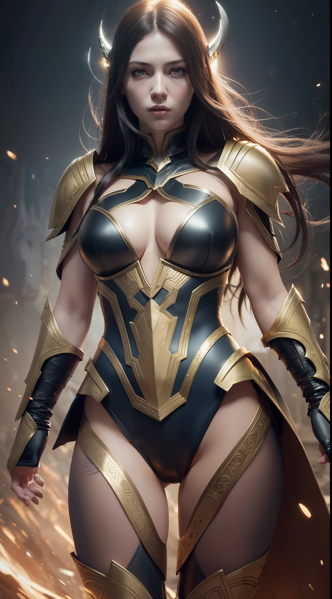 One (full body: 1.3) shot with 8k resolution, splash art, fantastic comic book style, photorealistic, intense visual, anatomical portrait of photorealistic digital painting of a (Woman 30 years: 1.3) human (warrior: 1.3) in intricate black and gold (heavy armor: 1.3) in one (dark and temperamental universe: 1.3), particle of light, very detailed skin, very detailed eyes,  (Elden Ring style: 1.3), (Warhammer style: 1.1), conceptual artist, global lighting, depth of field, splash art, art by Artgerm and Greg Rutkowski and Viktoria Gavrilenko
