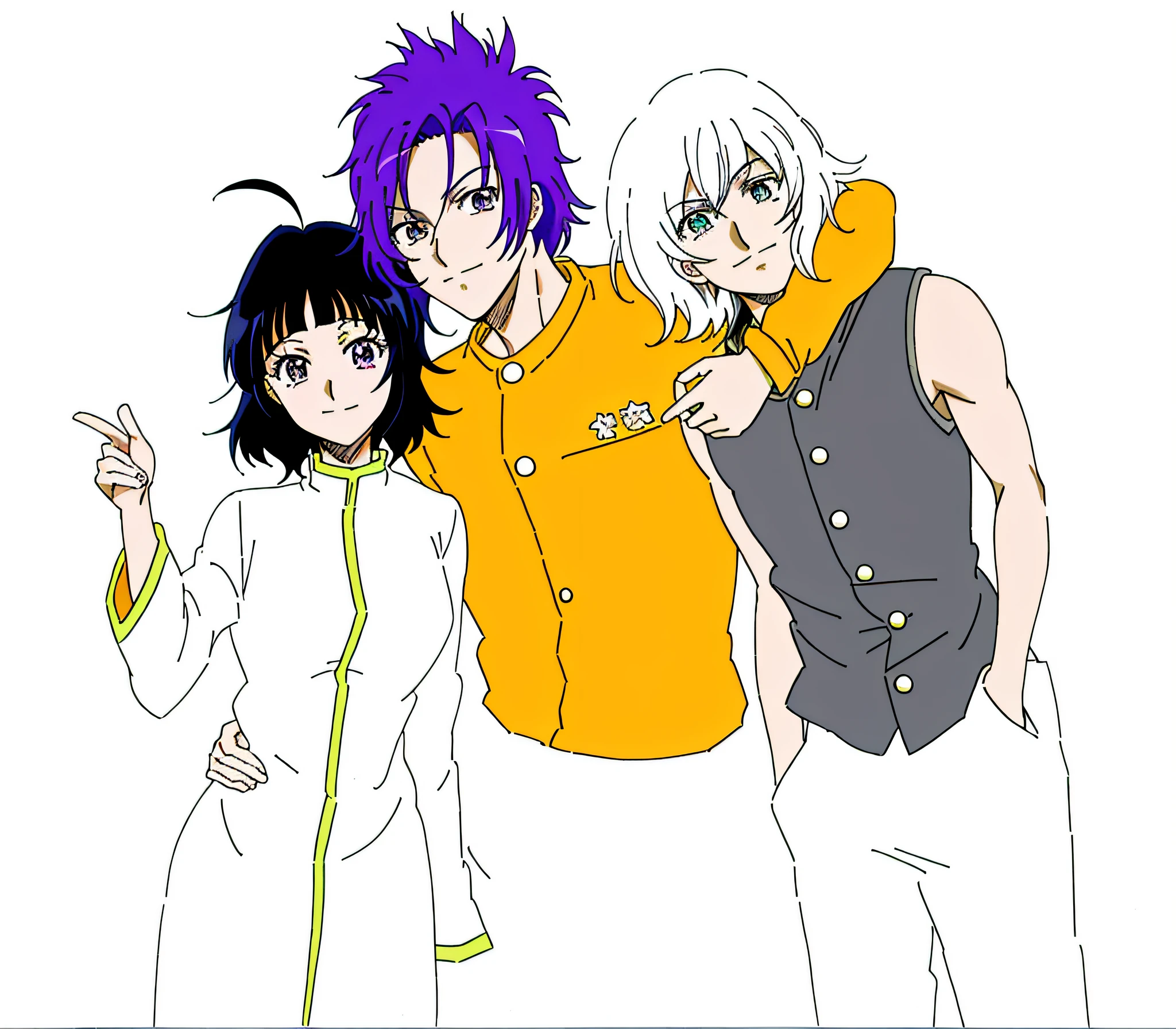 anime characters are posing for a photo together in a group, inspired by Matsumura Goshun, 8 0 s anime style, 1980s anime style, Japanese anime style, anime style, 2d anime style, inspired by Kusumi Morikage, digitally colored, :14 80s colorful anime style, colorful manga tiger manja on face --auto --s2