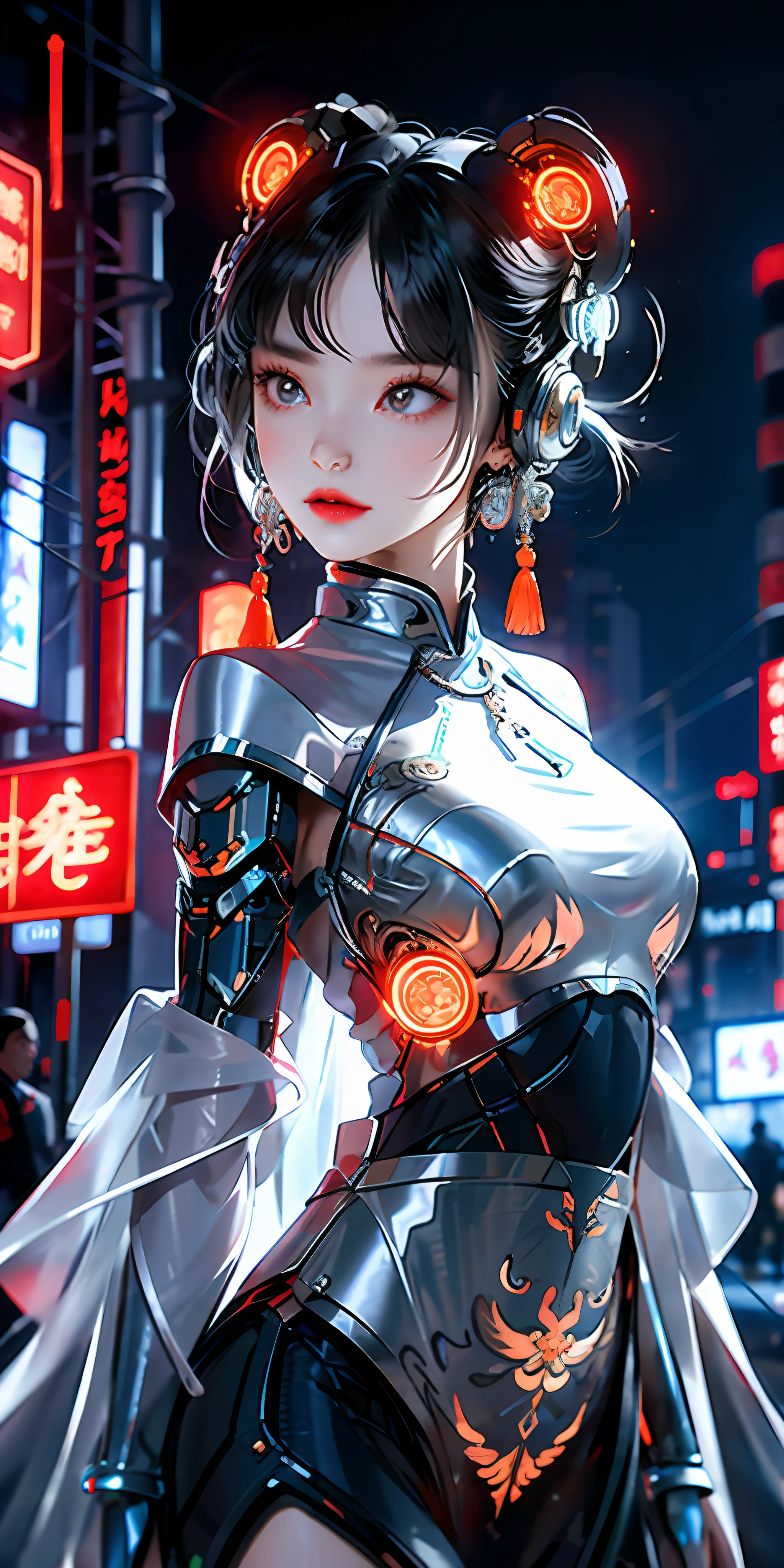 1 girl, Chinese_clothes, liquid silver and orange, cyberhan, cheongsam, cyberpunk city, dynamic pose, detailed luminous headphones, glowing hair accessories, long hair, glowing earrings, glowing necklace, cyberpunk, high-tech city, full of mechanical and futuristic elements, futuristic, technology, glowing neon, orange, orange light, transparent tulle, transparent streamers, laser, digital background urban sky, big moon, with vehicles, best quality, masterpiece, 8K, character edge light, Super high detail, high quality, the most beautiful woman in human beings, micro smile, face facing front and left and right symmetry, ear decoration, beautiful pupils, light effects, visual data, silver white hair, super detail facial texture