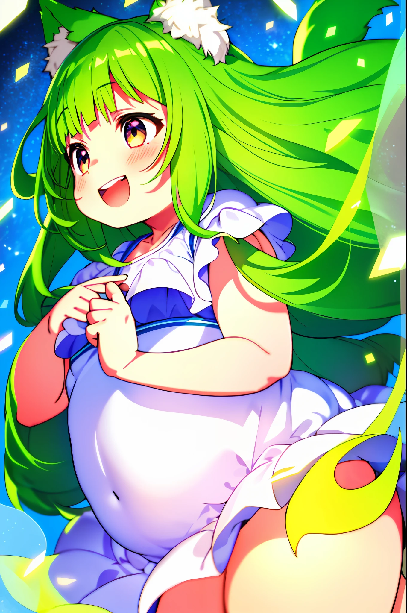 mika pikazo, 1girl, chubby cheek, green hair, blue background, white dress, , floating hair, light blush, light particles, long hair, open mouth, pink eyes, portrait, signature, smile, solo, teeth, fox ears, Chubby, plump, small chest