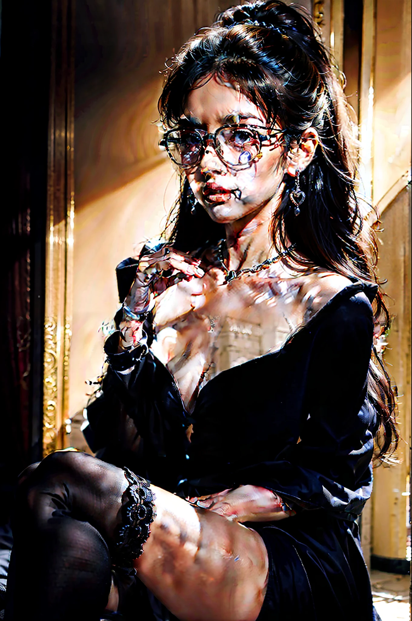 Wearing a black skinny dress with a deep V-neckline, the seductive queen exudes a charming and mysterious atmosphere. She wears a black noble down jacket behind her back, and the dress is decorated with sequins and lace, showing her charm. Her lop ears hang from a pair of swaying waist rings, and her velvet heels are paired with black mesh socks. She walks with light steps, and on her hands, she wears a bracelet, a rimless sunglasses and a gorgeous watch, and the cold steel material highlights the queen's domineering and reduces the delicate feeling of the tight dress. When she turned away, her upturned hips and slender beautiful legs outlined a perfect S-shape, which was heart-warming.
