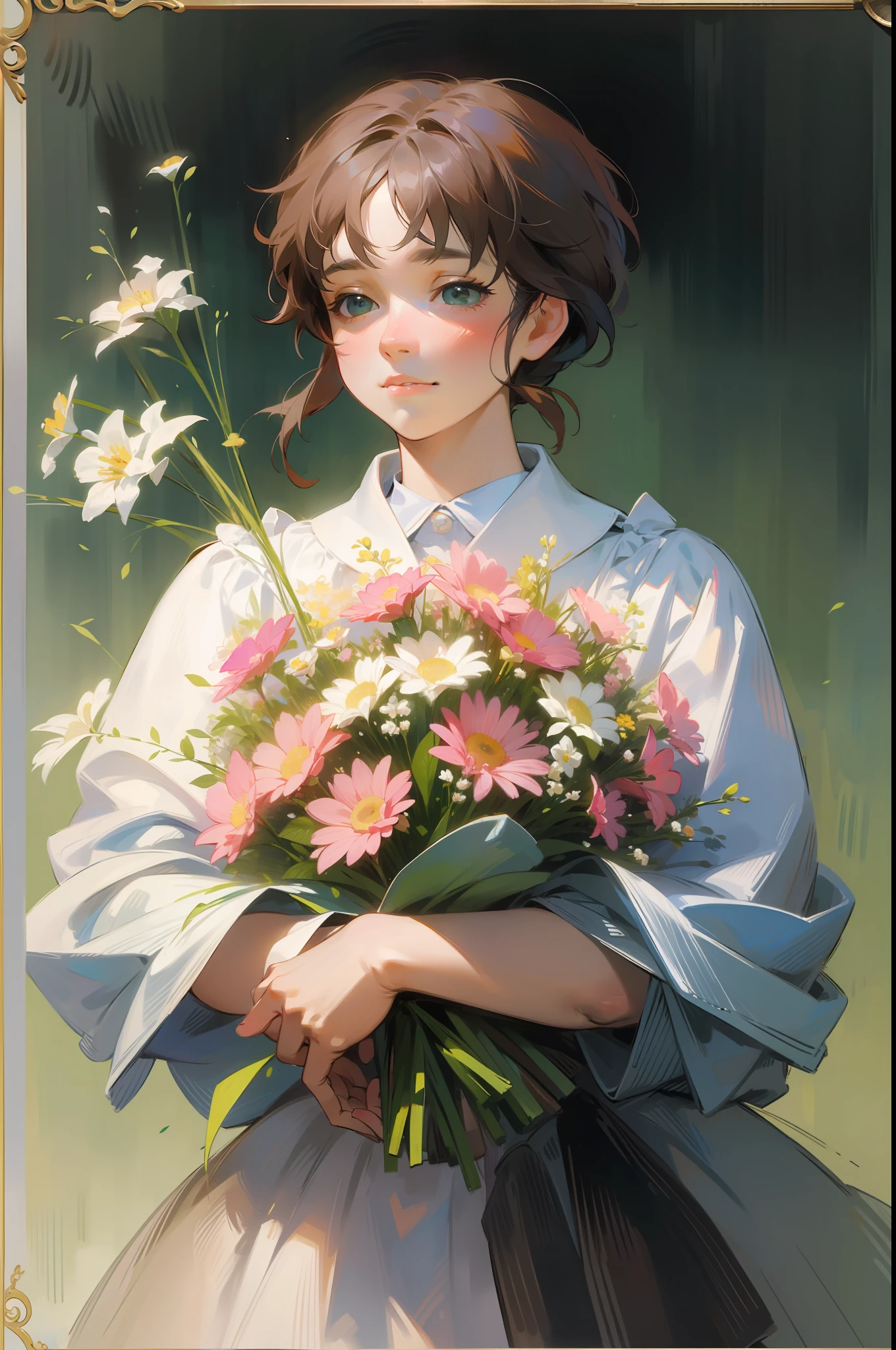 Top quality, woman giving "congratulations" and bouquet, pastel, soft atmosphere, Renoir