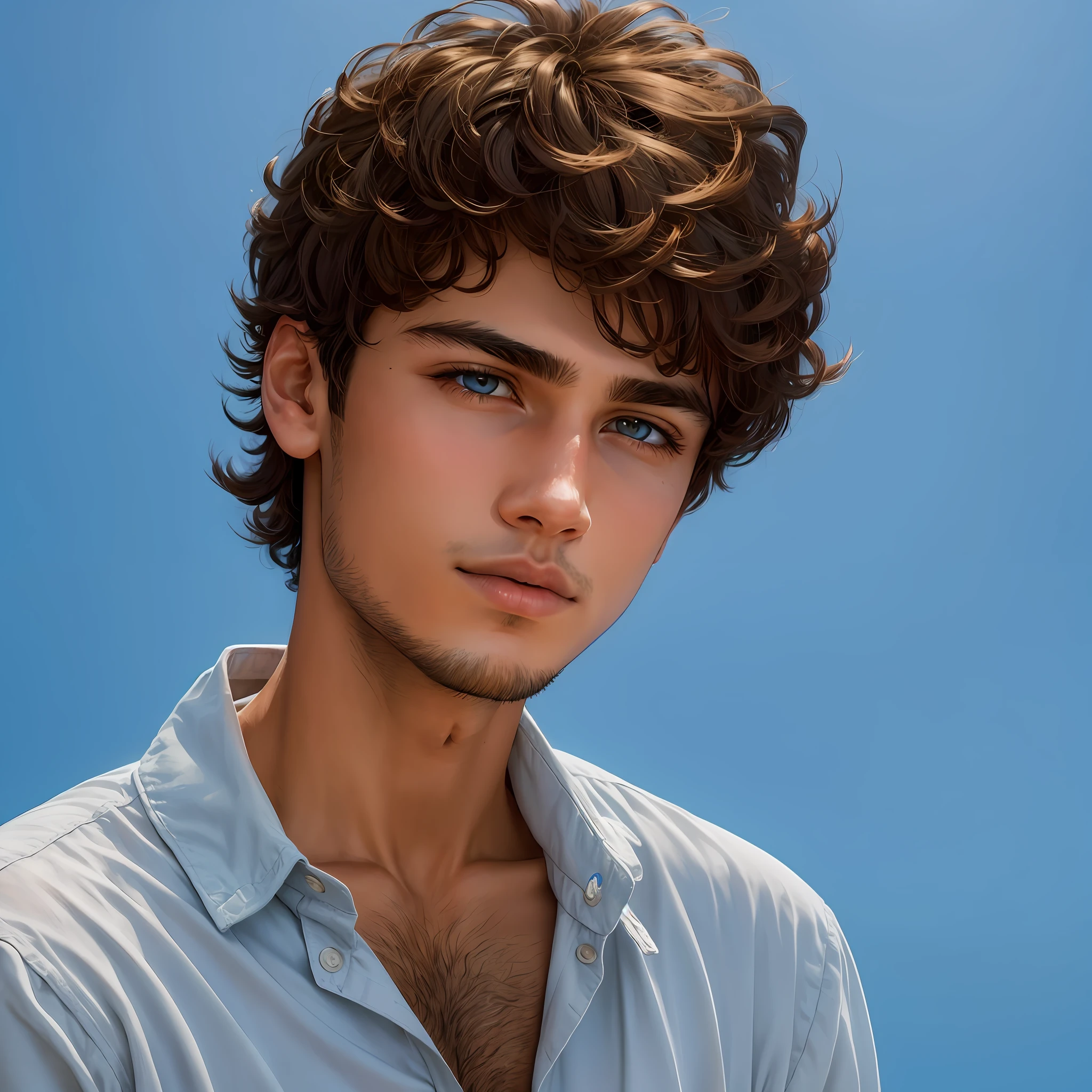 20-year-old boy, no beard, straight brown hair, brown eyes, rich in detail, high definition, on a smooth blue background --auto --s2