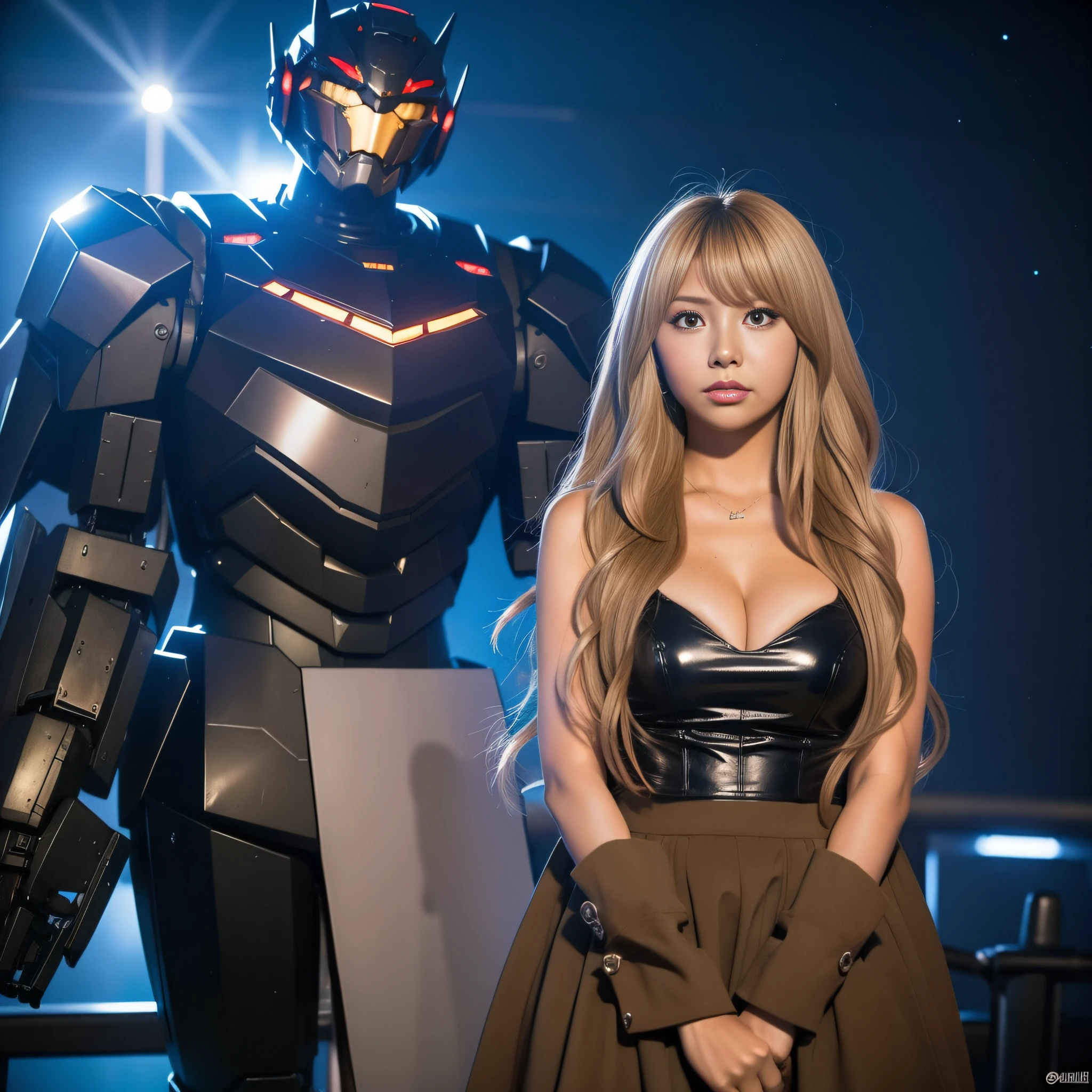 gyaru, dark-skinned, battles giant robot in universe, sci-fi,