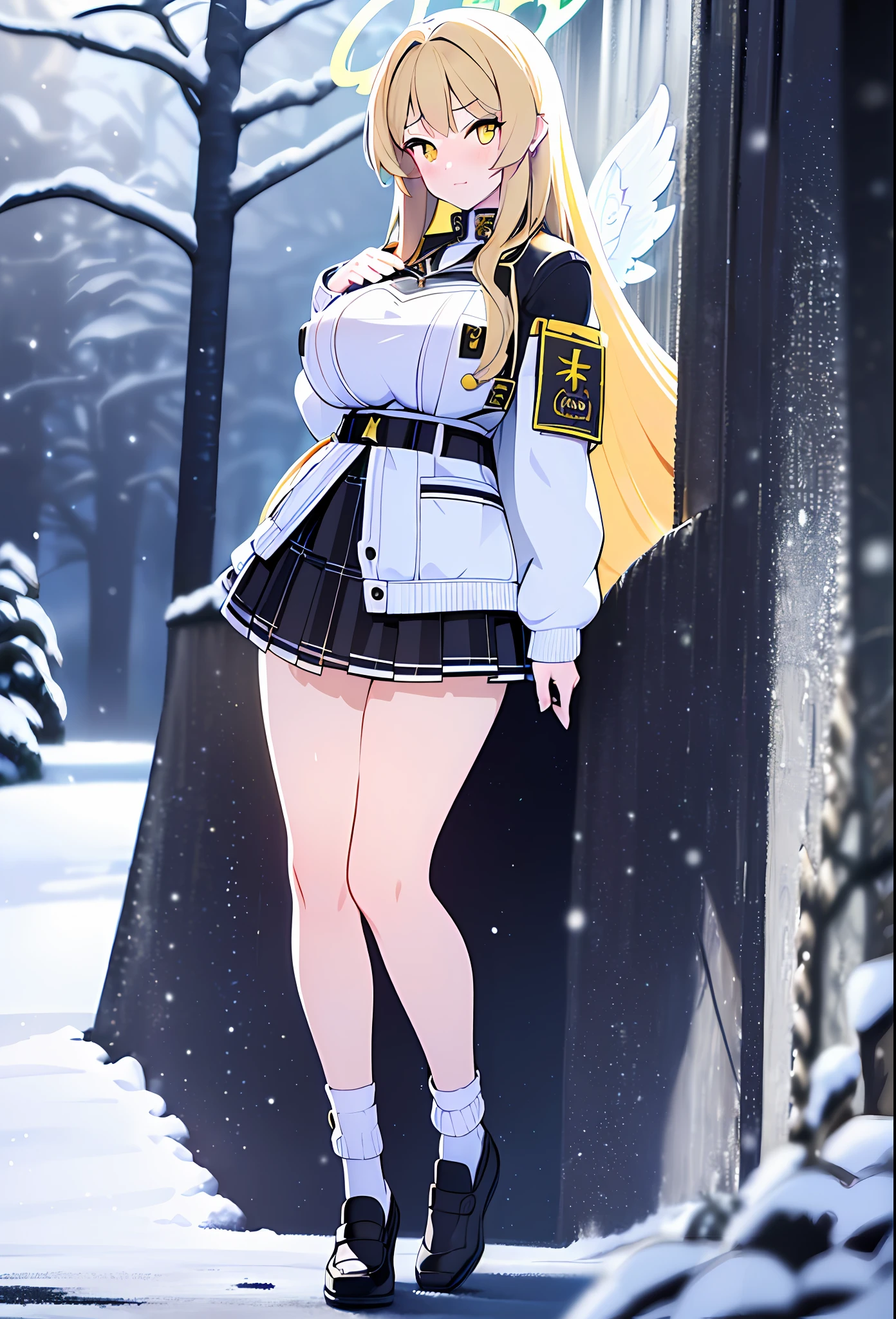 (sunaookami shiroko:1.2), {{{{masterpiece, extremely detailed, intricate details, soft focus, 8K, highres, depth of field, absurdres, high quality facial shadowing, dynamic shadowing, extreme shaders, cinematic lighting, perfect lighting, soft lighting, hazy lighting, blurry foreground, lens flare}}}}, best quality, asian qualities, {front view}, (solo:1.2), (beautiful young girl:1.3), high school girl, {{{extremely detailed girl, perfect anatomy, perfect body}}}, (detailed neon angel halo:1.4), bright yellow double halo, (beautiful-detailed hair:1.3), (yellow-blond hair:1.3), long luscious hair, (multi-layered hair:1.5), (hair splayed out:1.2), beautiful-detailed facial structure, detailed beautiful face:1.3, sexy face, cute face, slender facial structure, (detailed face:1.33), (beautiful-detailed eyes:0.7), big eyes, (detailed eyes:1.2), glowing bright yellow eyes, (detailed boobs:1.3), small size boobs, (detailed facial expression:1.1), shy, slightly open mouth, detailed-slight red blush, shy hand gesture, (slim waist:1.1), (slim legs:1.1), standing up, (detailed necklace:1.2), (glowing yellow simple plain necklace:1.3), (winter school uniform:1.3), (detailed pure white winter school jacket:1.5), (detailed pure white checkered winter school skirt:1.5), (detailed pure white socks:1.5), (detailed black school shoes:1.3), winter night, (enhanced background:1.4), snow falling at midnight with clear skies overhead with a waterfall in the background, snow on sidewalks with Christmas lights on tree's surrounded the viewer, (full body shot:1.1), hazy photo, (warm photo:1.3)
