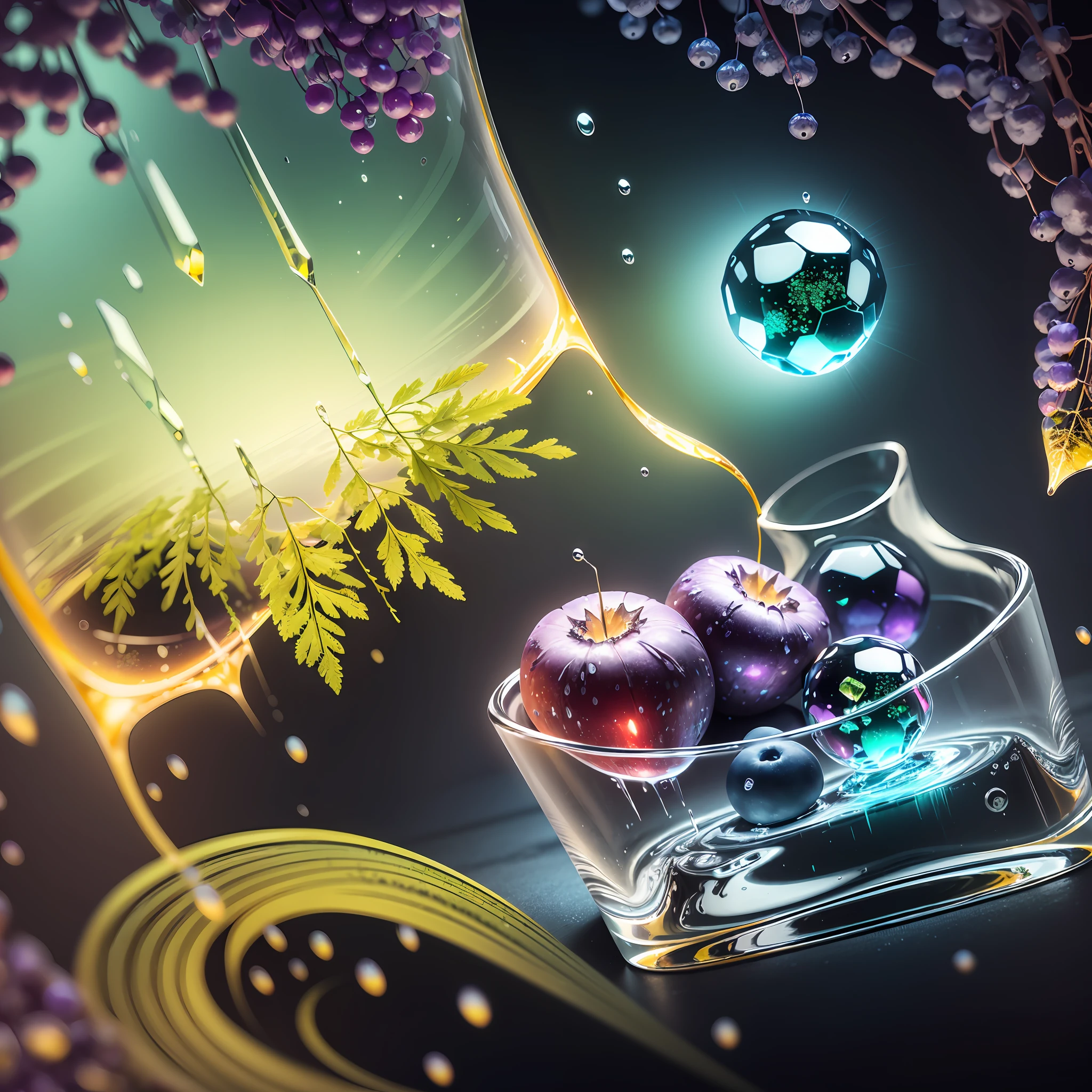 Computer Visualized Graphics, Realistic Fantasy, Extensive Landscape Ultrasound Photography (general view showing glass glass, ice cube, small and large, red and blue berries, dew,), blurred background, gloomy, yellow, green, purple background, pink, warm, magic --auto --s2