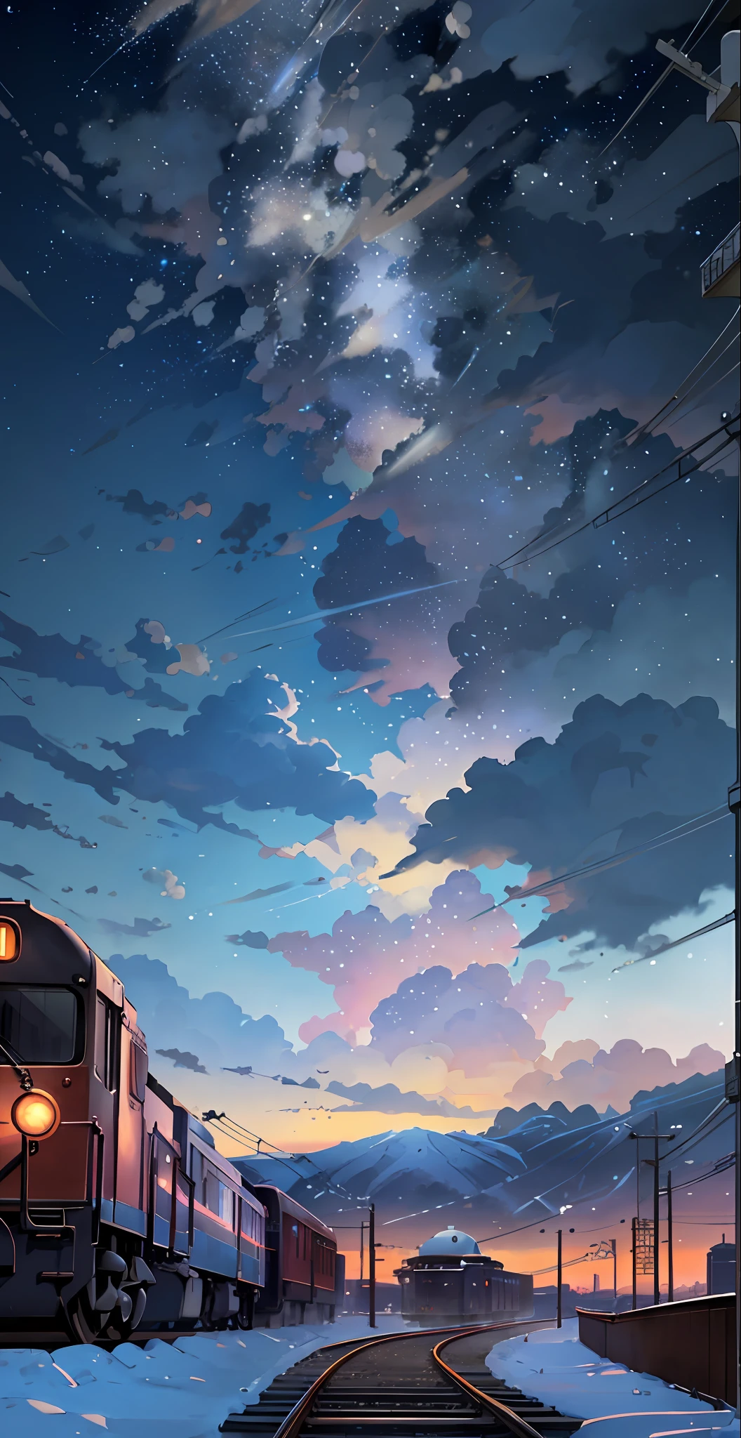 There is a train running along the tracks in the snow, Makoto Shinkai&#39;s concept art, tumblr, magic realism, beautiful anime scenes, cosmic sky. by makoto shinkai, ( ( makoto shinkai ) ), anime background art, anime backgrounds, Makoto Shinkai&#39;s style, anime movie backgrounds, galaxy express, no humans.