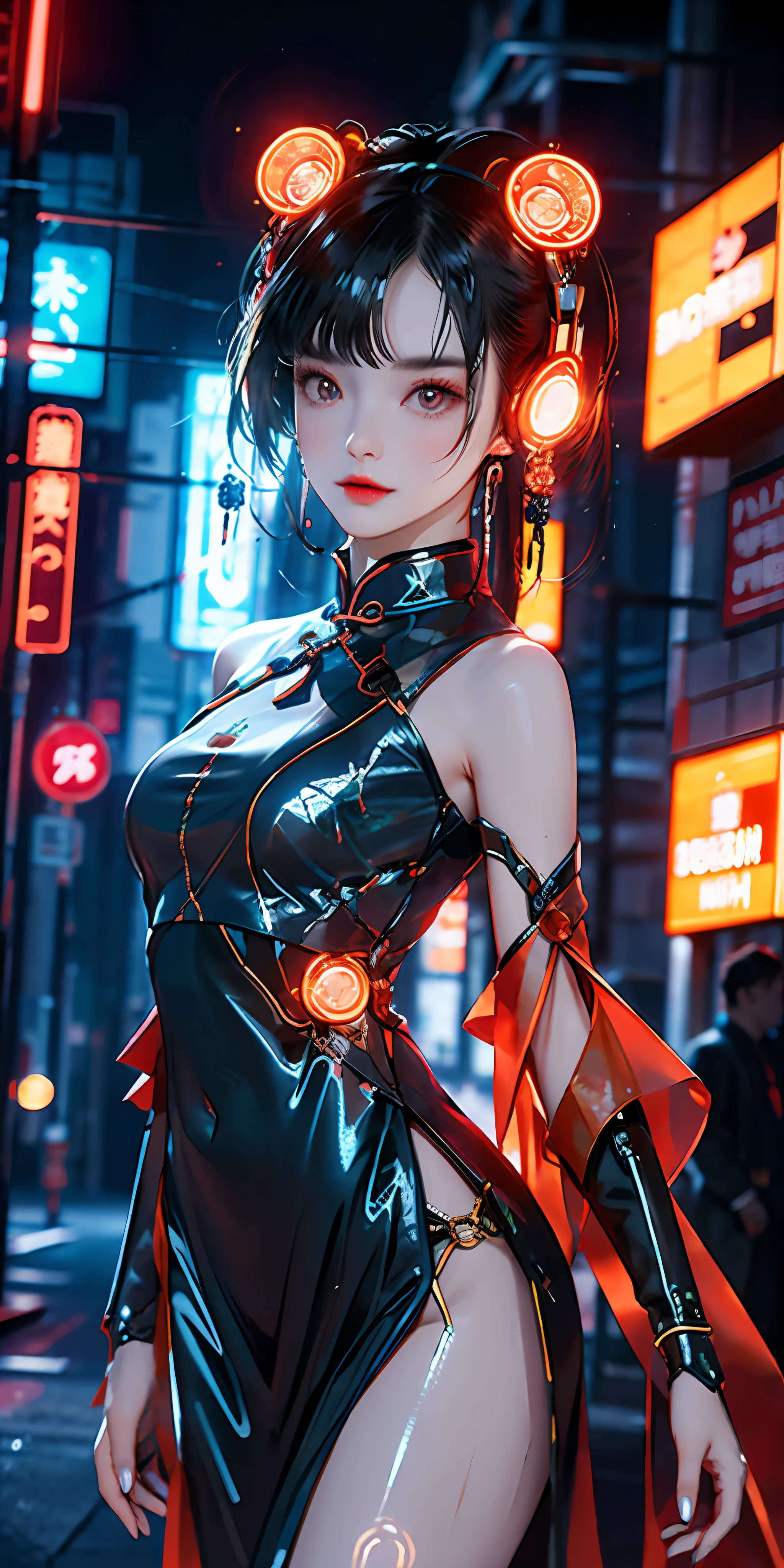 1 girl, Chinese_clothes, liquid silver and orange, cyberhan, cheongsam, cyberpunk city, dynamic pose, detailed luminous headphones, glowing hair accessories, long hair, glowing earrings, glowing necklace, cyberpunk, high-tech city, full of mechanical and futuristic elements, futuristic, technology, glowing neon, orange, orange light, transparent tulle, transparent streamers, laser, digital background urban sky, big moon, with vehicles, best quality, masterpiece, 8K, character edge light, Super high detail, high quality, the most beautiful woman in human beings, micro smile, face facing front and left and right symmetry, ear decoration, beautiful pupils, light effects, visual data, silver white hair, super detail facial texture