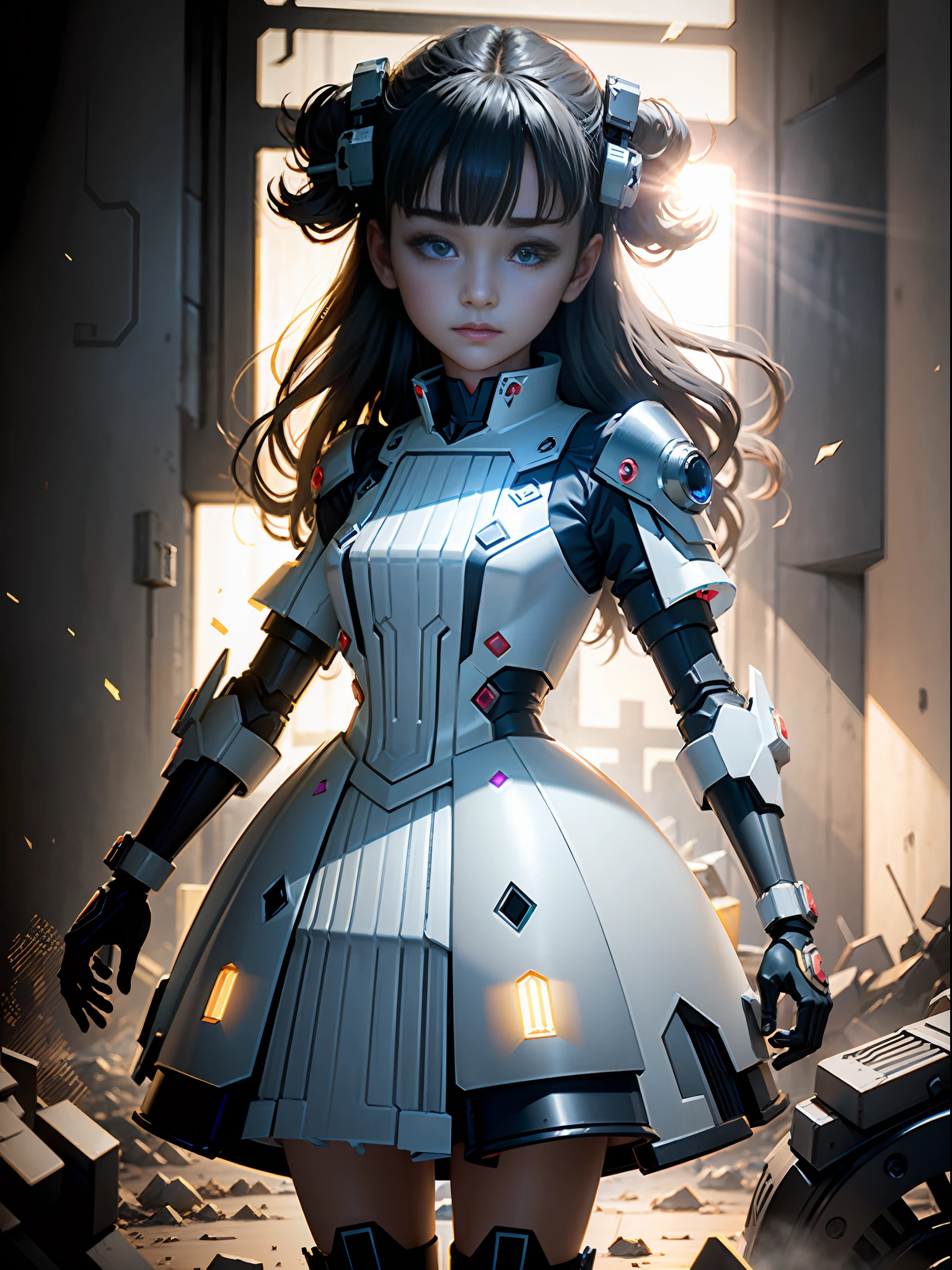 ((Best quality)), ((masterpiece)), (highly detailed:1.3), 3D,Shitu-mecha, beautiful cyberpunk women with her mecha in the ruins of city from a forgoten war, ancient technology,HDR (High Dynamic Range),Ray Tracing,NVIDIA RTX,Super-Resolution,Unreal 5,Subsurface scattering,PBR Texturing,Post-processing,Anisotropic Filtering,Depth-of-field,Maximum clarity and sharpness,Multi-layered textures,Albedo and Specular maps,Surface shading,Accurate simulation of light-material interaction,Perfect proportions,Octane Render,Two-tone lighting,Low ISO,White balance,Rule of thirds,Wide aperature,8K RAW,Efficient Sub-Pixel,sub-pixel convolution,luminescent particles,light scattering,Tyndall effect, look at viewers.