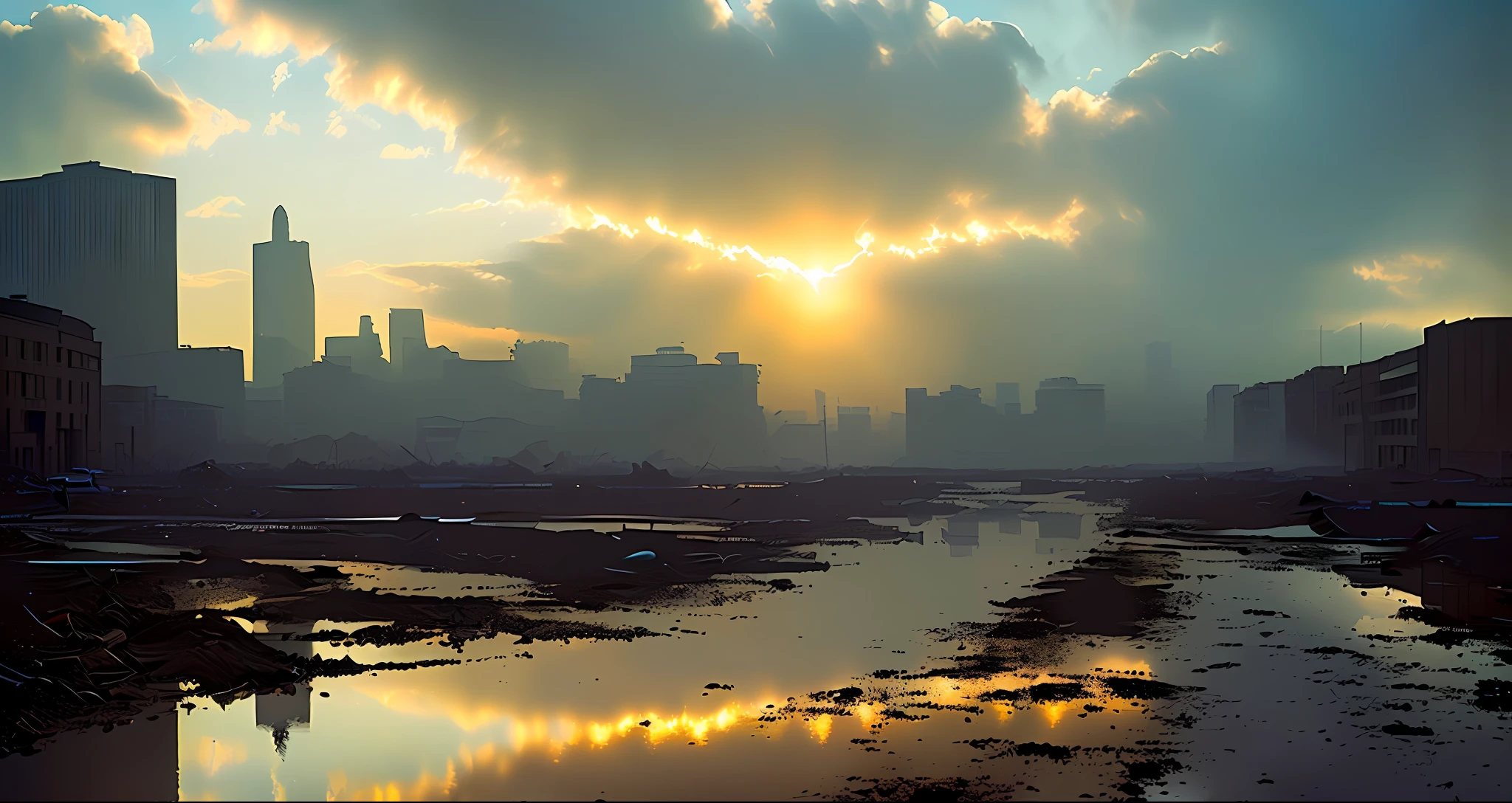 ((best quality)), ((masterpiece)), ((with paint)), majestic intricately detailed soft oil painting by Jim Lee, (landscape photo of a ruined post-apocalyptic rainy St. Paul's town:1.2),dusty rubble in ruins, desolate, scorching sun, sunset, gloomy, (backlit:1.3), highres, depth of field, (deep shadows:1.2), high detail, sharp focus, smooth, roughness, real life, backlit, photorealism, photography, cinematographic Film still from the void