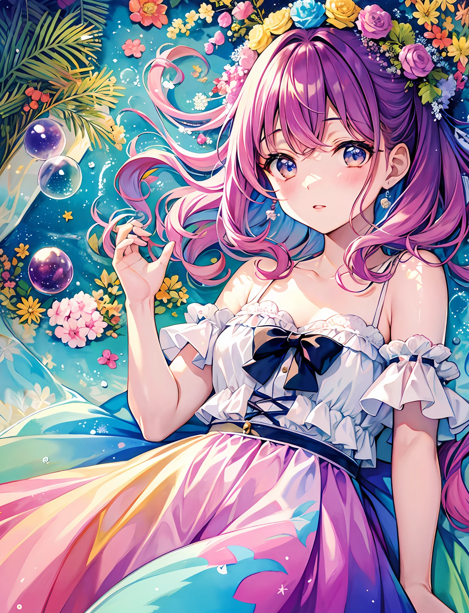 Yumekawa, dreamily cute, pale, moya, (masterpiece, highest quality, best quality, watercolor (medium), official art, beautiful and aesthetic: 1.2), (2 girls: 1.3), upper body, flirting, lesbian, lolita fashion, lolita, watch viewer, pattern, break, (rainbow hair: 1.2), break, soap bubble, rainbow, colorful, soap bubble, sweets, cute, pastel, lying in bed