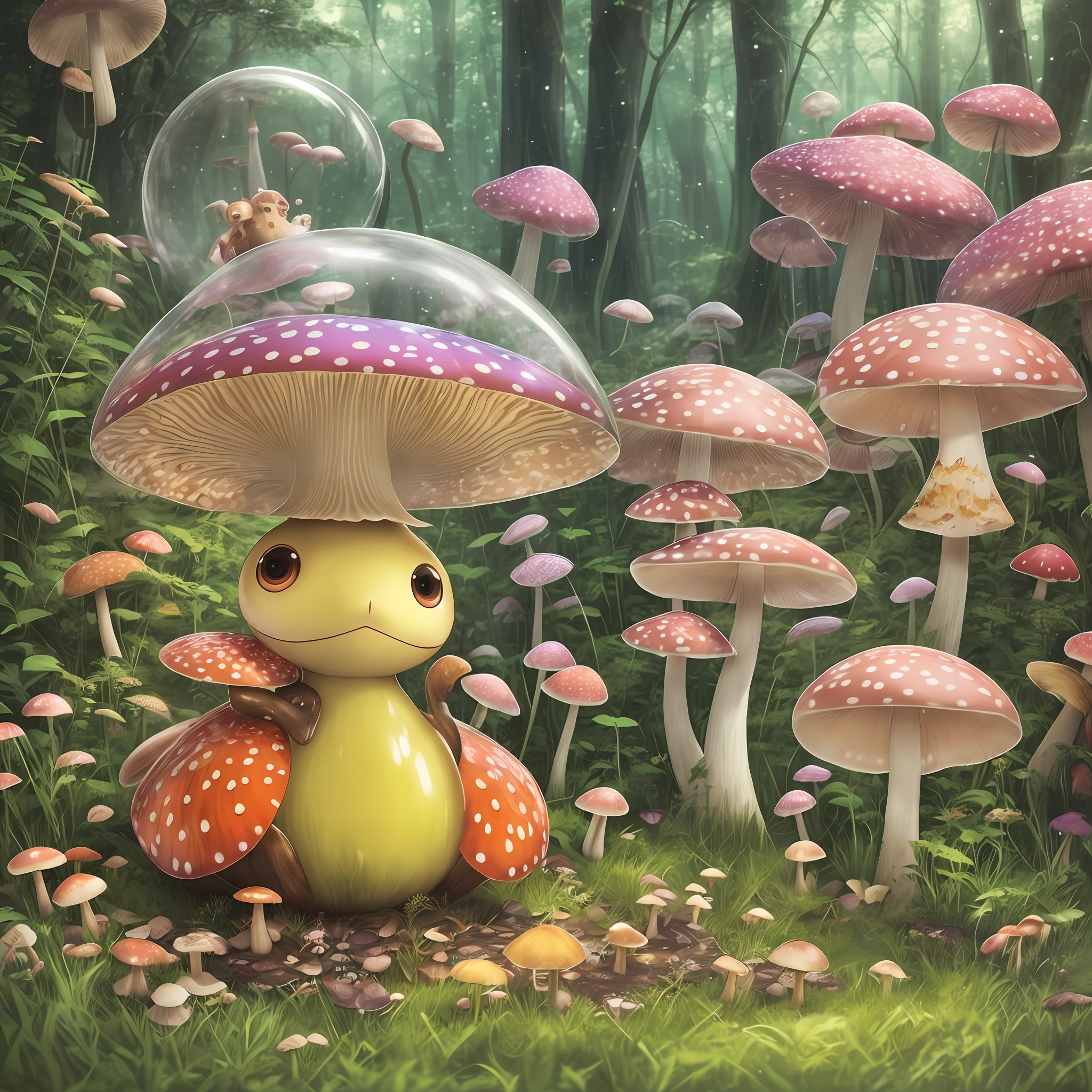 Computer Visualized Graphics, Realistic Fantasy, Anime, Clamp, Disney, Cartoon Characters, Extensive Landscape Ultrasound Photography (general view showing a glass glass, fly agaric, mushroom, muzzle, big eyes, nose with a cortoshka, mouth, cartoon hands and legs, set, tray, drinking tea), blurred background, gloomy, yellow, green, purple background, pink, warm, magic --auto --s2