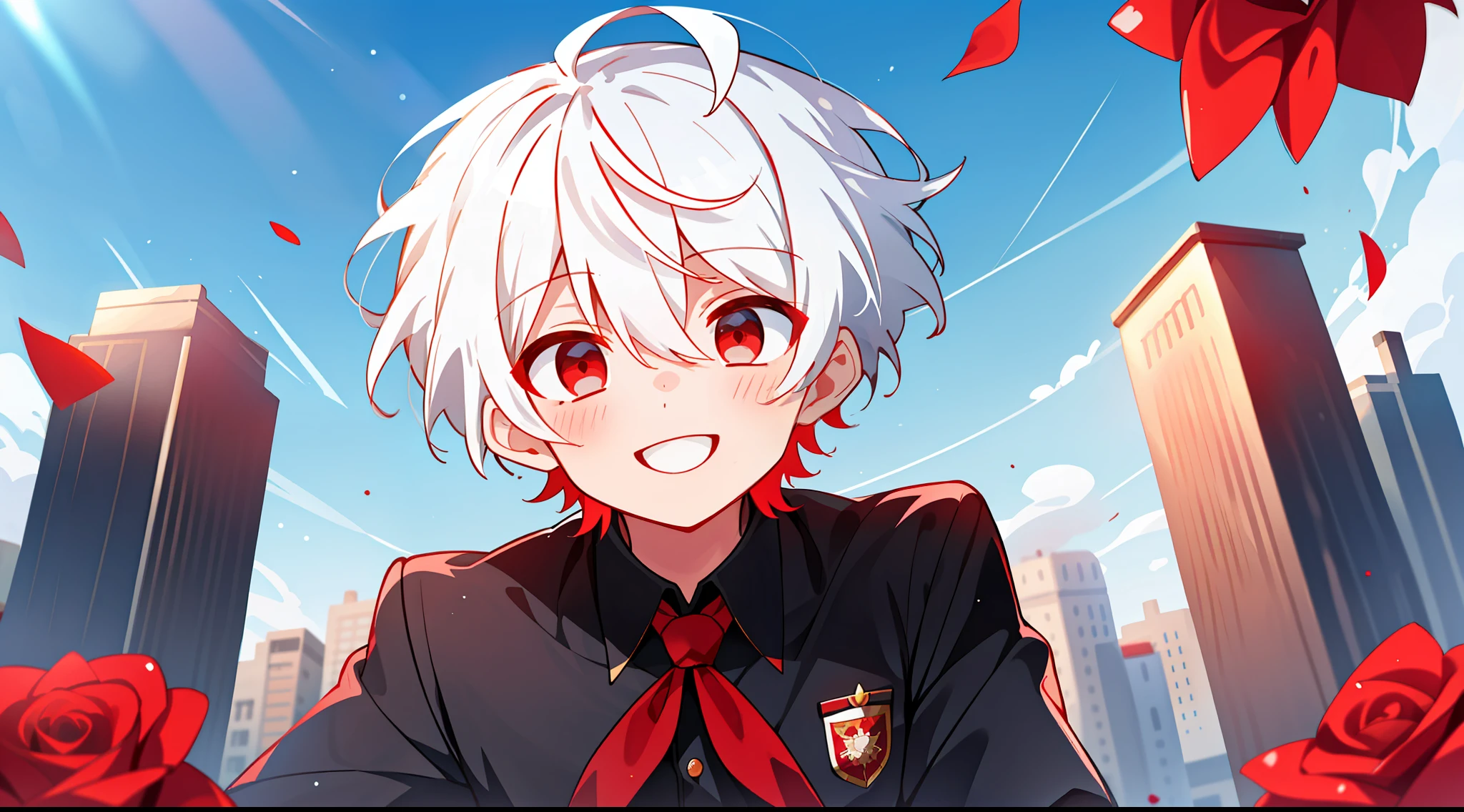 (high-quality, breathtaking),(expressive eyes, perfect face), 1boy, solo, short, young boy, short white hair, red eyes, smiling, black school uniform, wear short shorts, urban setting, sunshine, blue sky, shine, glow, red roses.