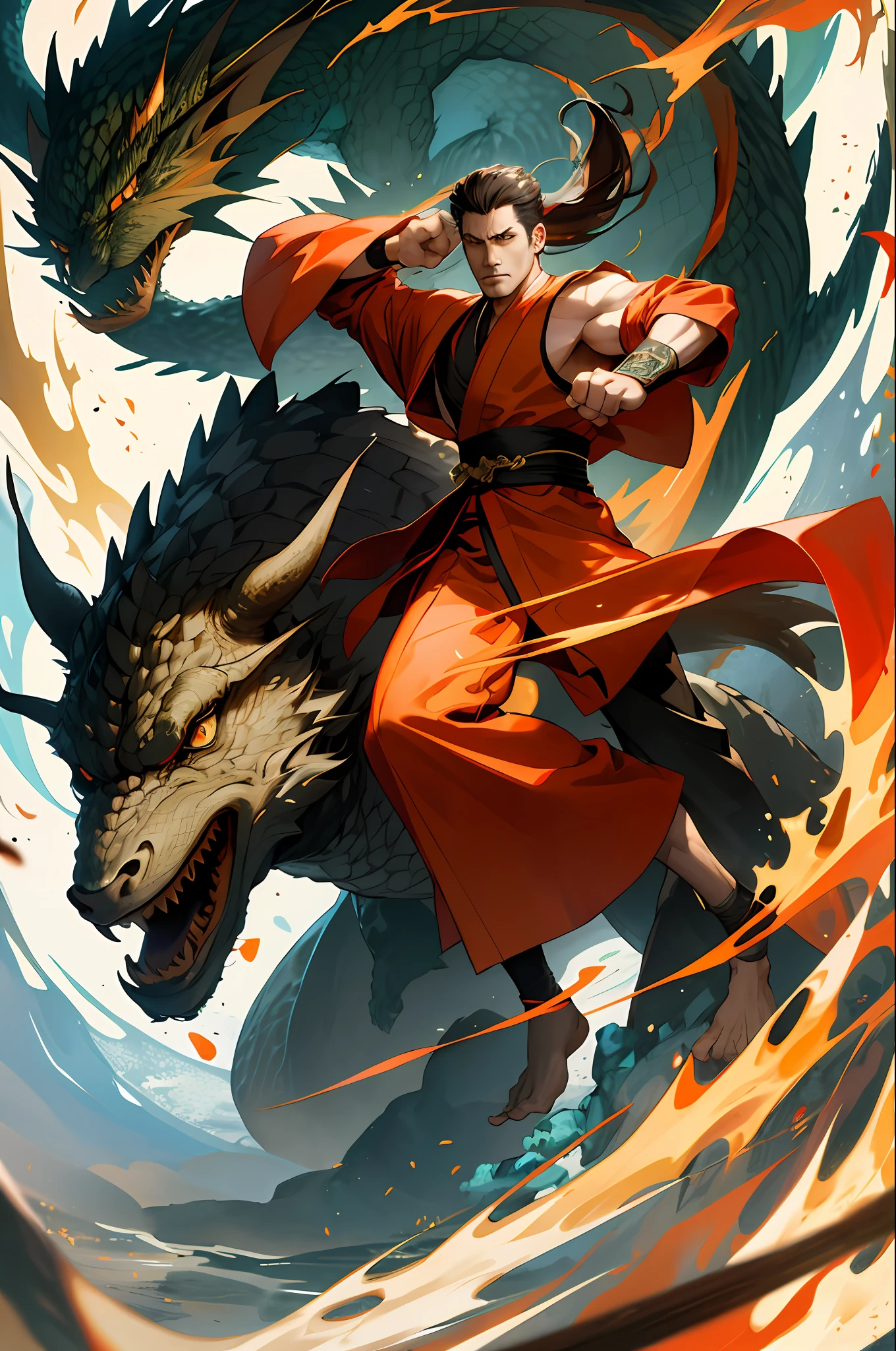(Absurd, intricate details, masterpiece, best quality, high resolution, 8k), 1 male, mature, handsome, tall muscular man, broad shoulders, ponytail hair, dark brown eyes, fine eyes and detailed face, behind him is a huge water element, (style swirl magic: 0.7), (full body: 0.6), (Chinese fantasy theme: 1.1), hair fluttering in the wind, martial artist, dynamic pose, combat stance, clenched fists, fingerless gloves, wristbands, dragon-themed costumes, monk robes, Bamboo forest in background, rotating floating particles, dynamic composition, mysterious oriental medieval atmosphere, depth of field, visual effects.