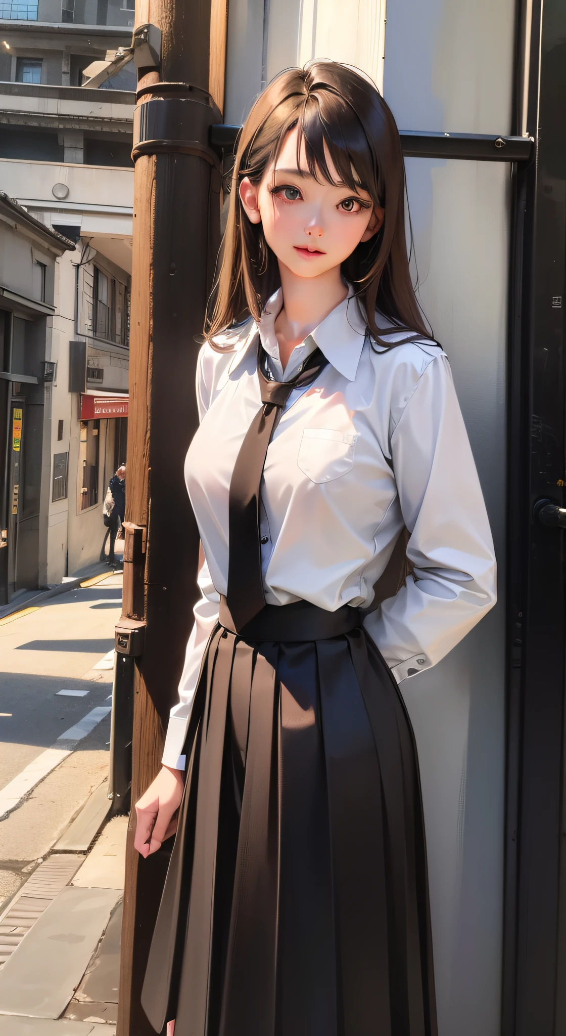 (8k, RAW photo, best quality, masterpiece:1.2), High detail RAW color photo, professional photograph, (realistic, photo realistic:1.37), cinematic light, 1girl, white collared shirt, brown long coat, black tie, full body, black pleated skirt,