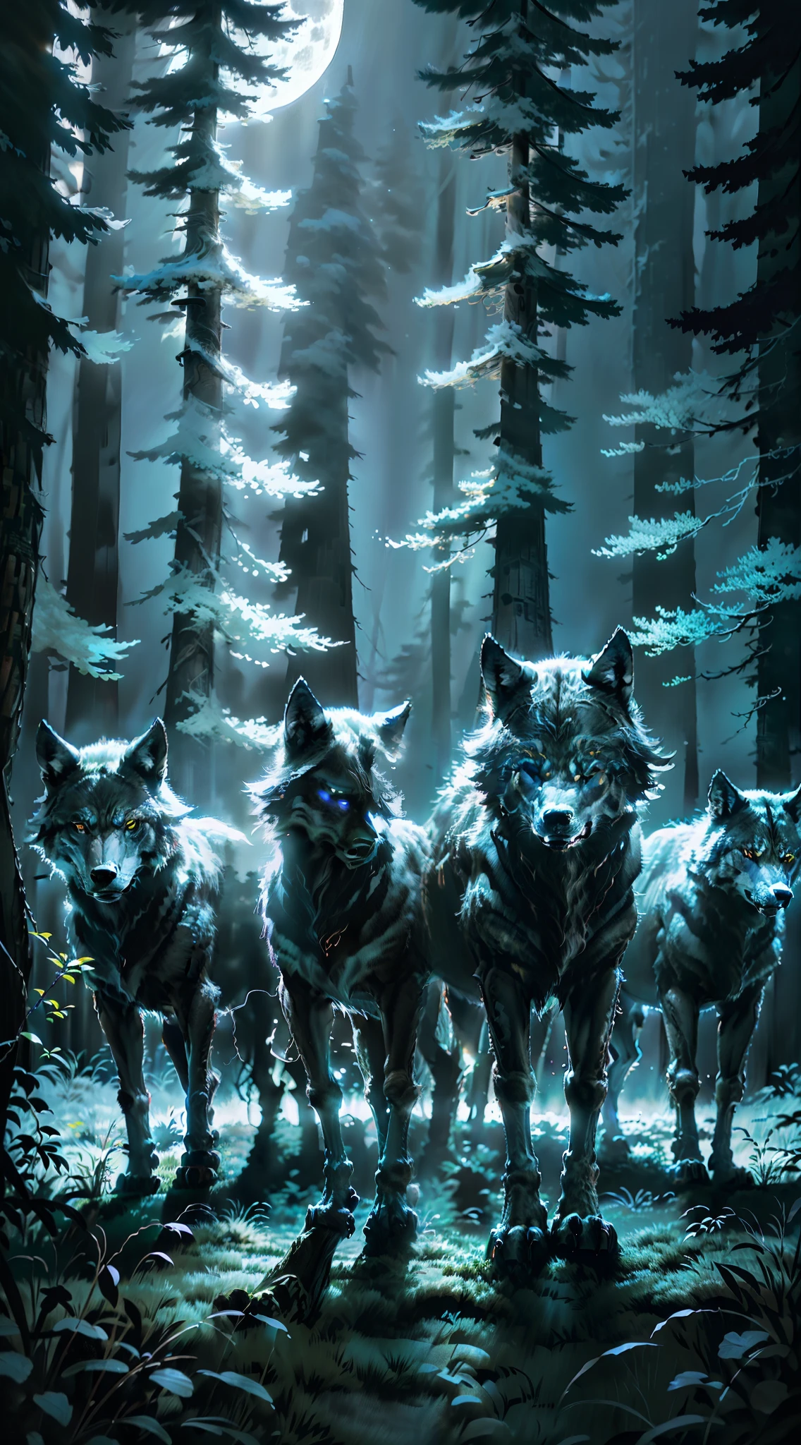 (4k, HDR, image focus) Pack of wolves, colored "black, white, blue". Night forest" open forest", full moon in the background. Wolf hunter (photorealistic) "Perfect traits"