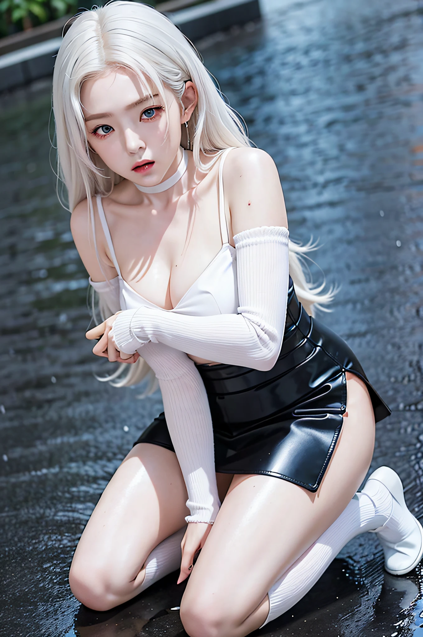 1 girl, anime style, kneeling, hivering, feeling cold, shivering, transparent suspender stockings, leg straps, short skirt, (long white hair), blue eyes, rain-soaked top, rainy day, heartache expression