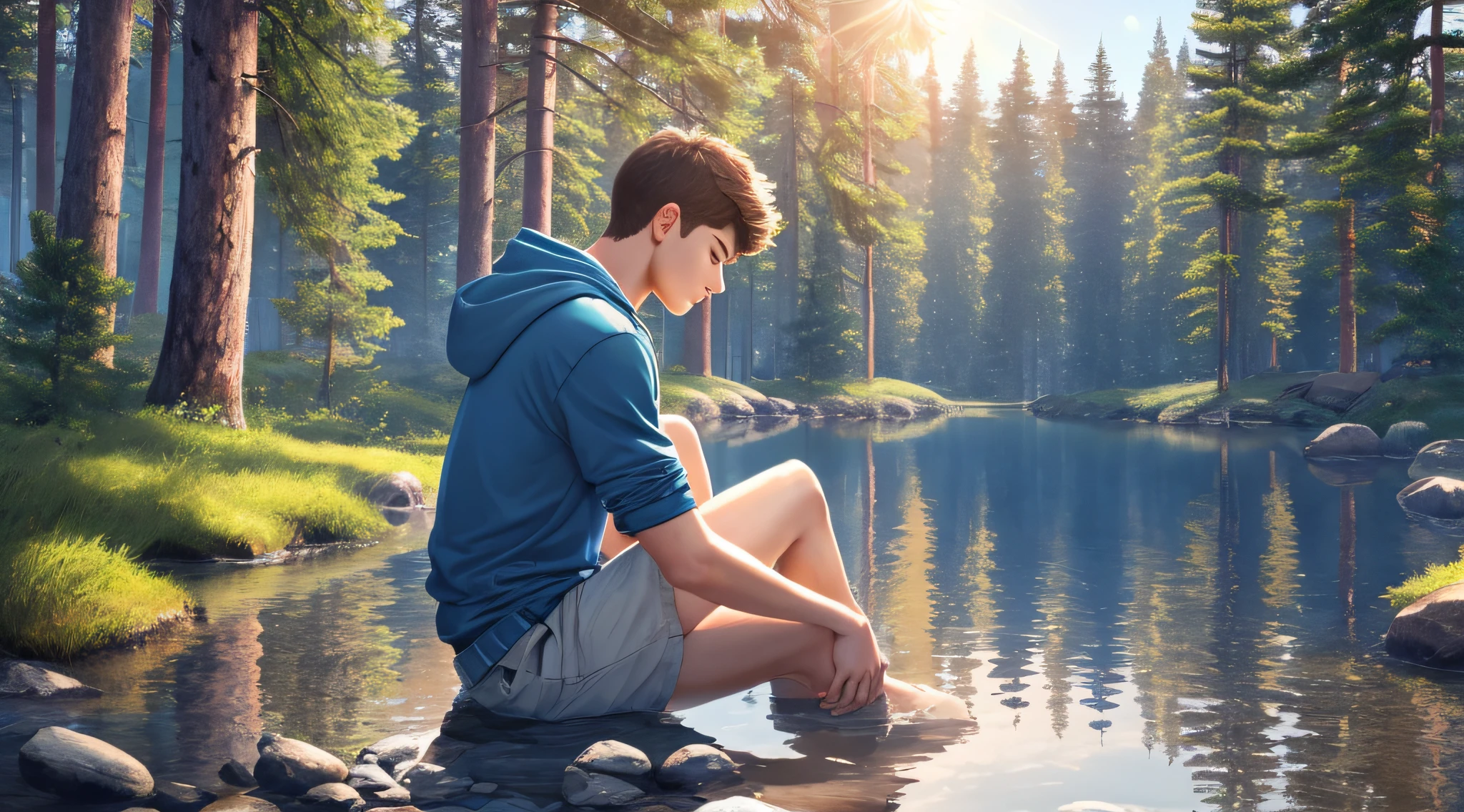 Drawing, ultra realistic, 8k, extremely detailed, in the best quality, a teenage man of ********, with thoughtful countenance, sitting on the edge of a lake of light blue water with the reflection of the sun in the water of the lake, and in the background a forest with pine trees.