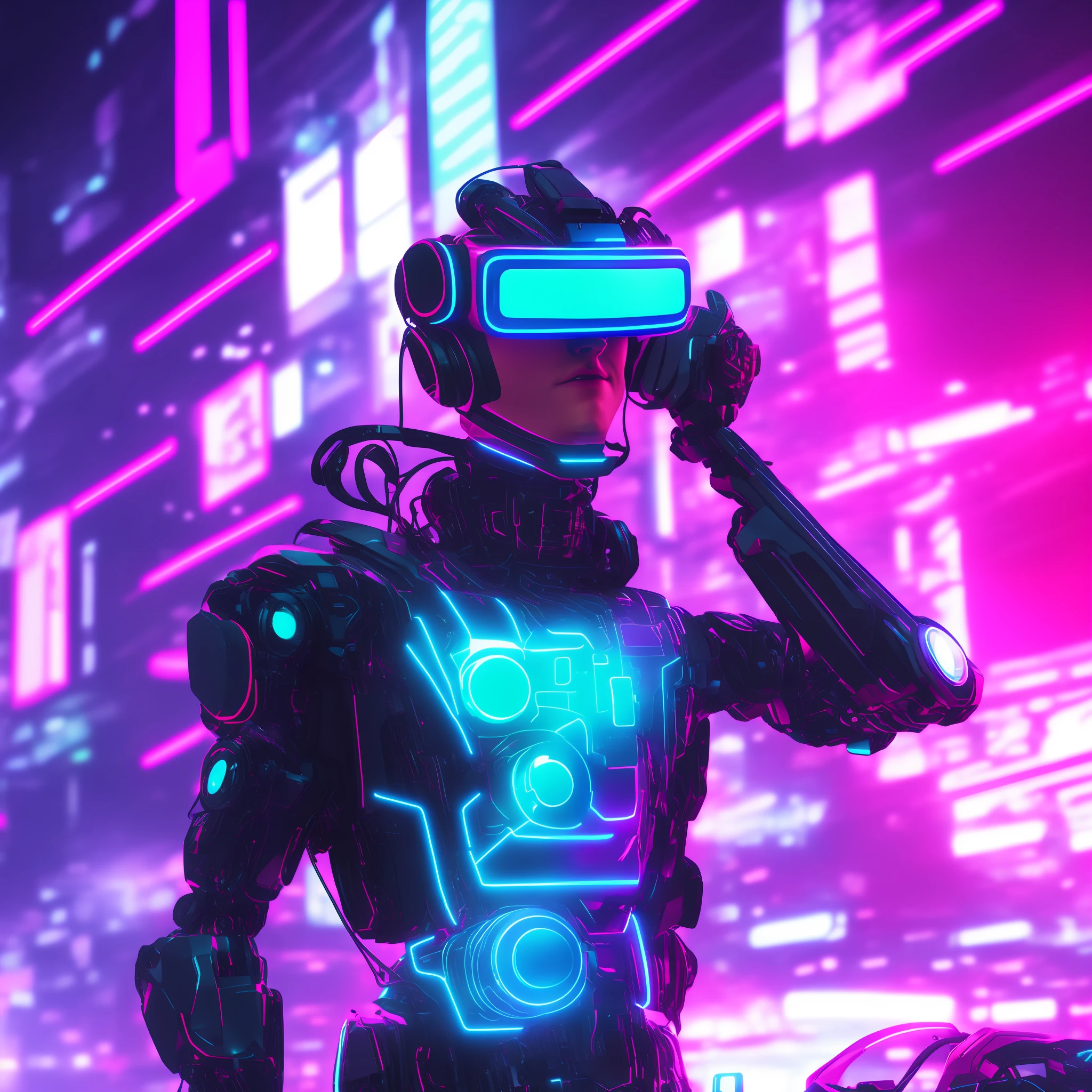 humanoid robot with neon virtual reality glasses Virtual reality metaverse vr with cyberpunk simulation network games gamer background --ar 3:19 --auto --s2