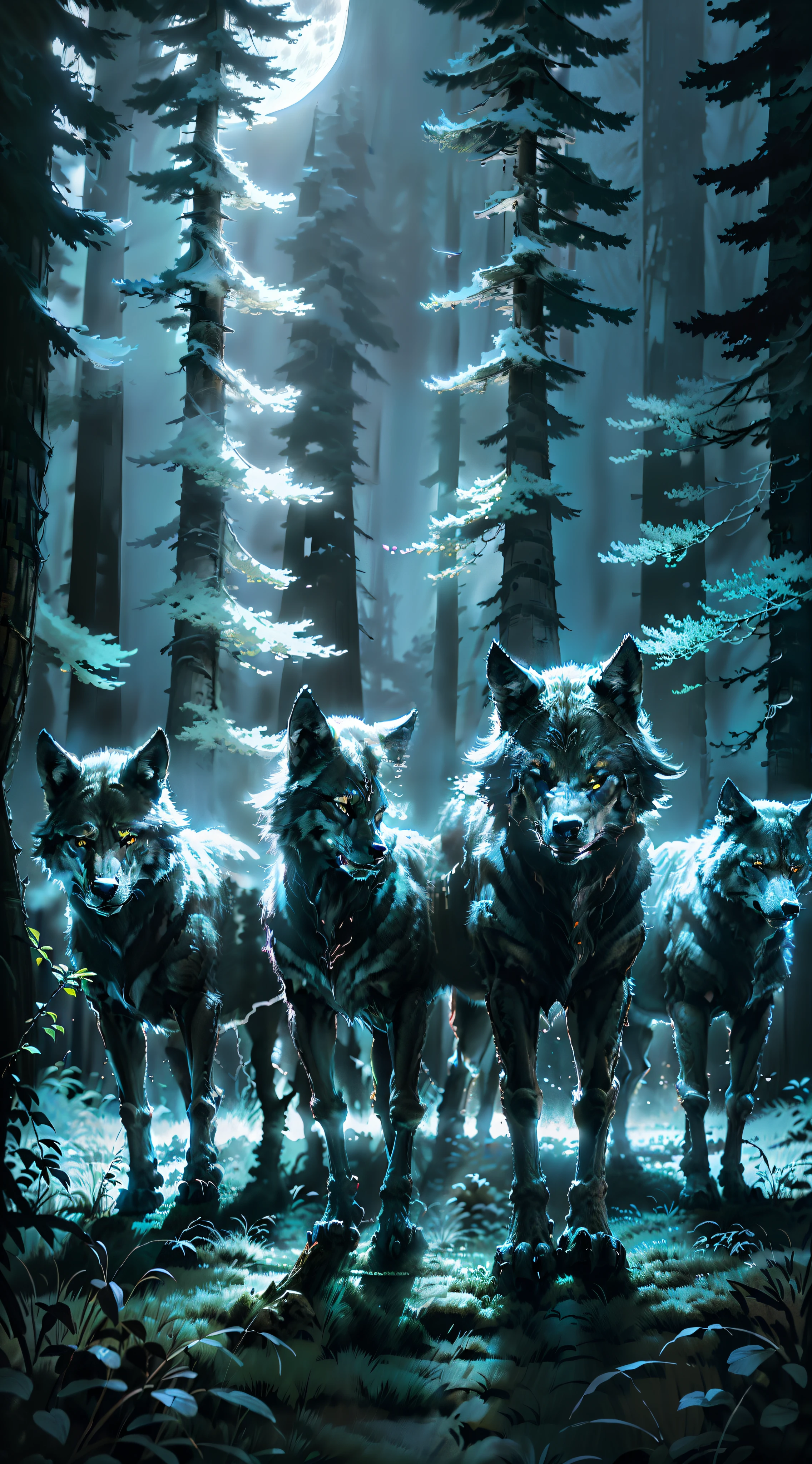 (4k, HDR, image focus) Pack of wolves, colored "black, white, blue". Night forest" open forest", full moon in the background. Wolf hunter (photorealistic) "Perfect traits"