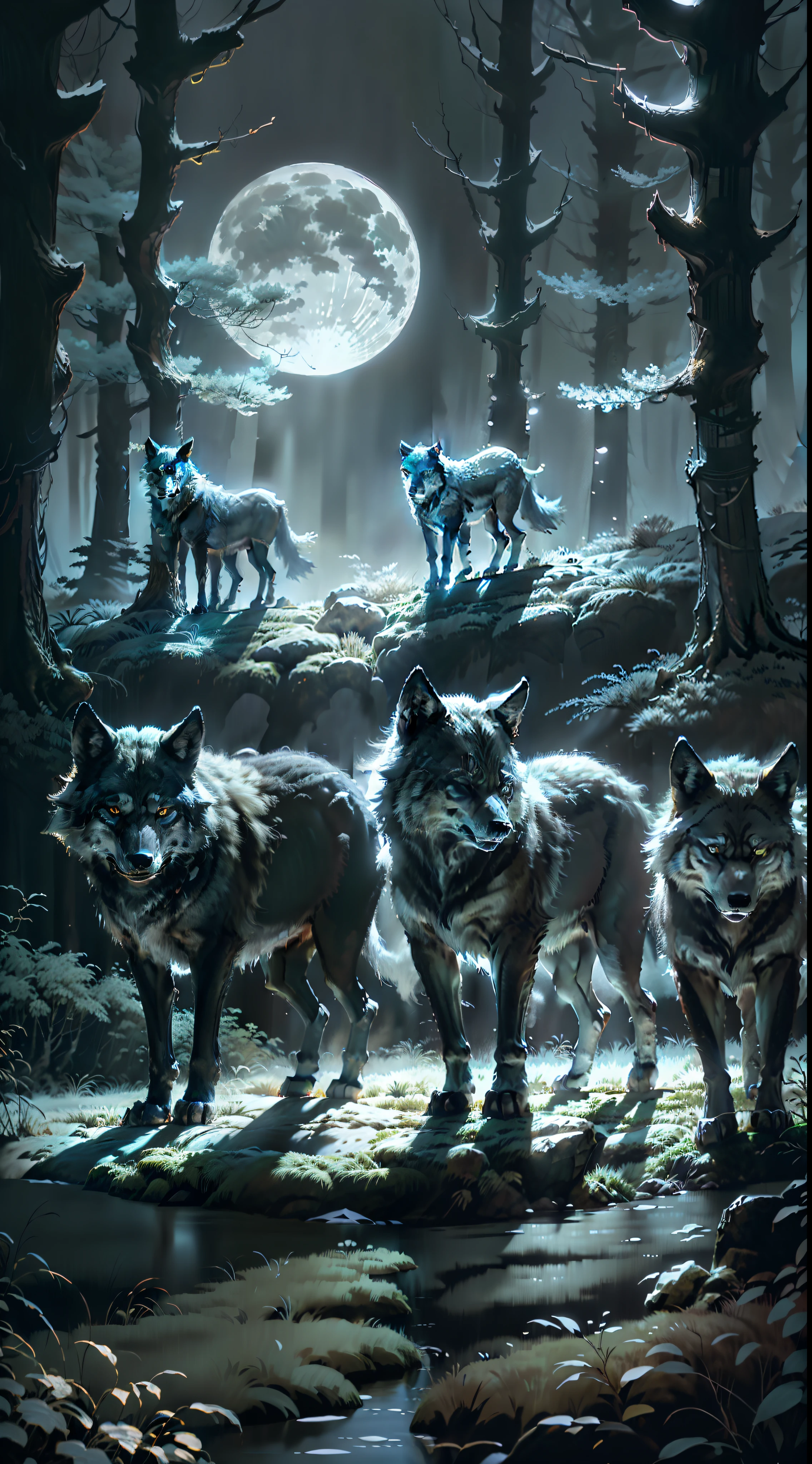 (4k, HDR, image focus) Pack of wolves, colored "black, white, blue". Night forest" open forest", full moon in the background. Wolf hunter (photorealistic)