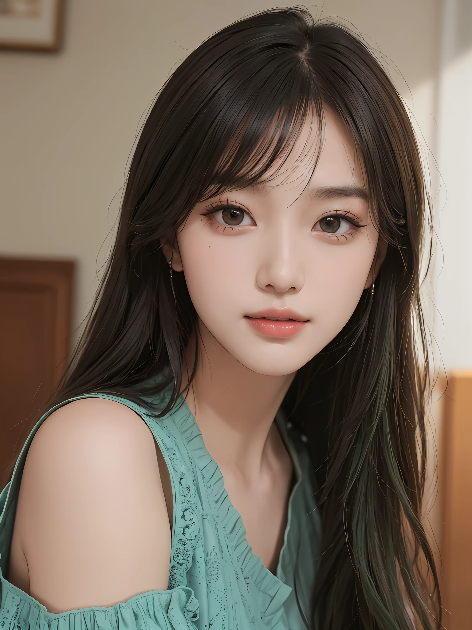 Masterpiece, best picture quality, high quality, beautiful woman, Japanese, popular Korean makeup, detailed, swollen eyes, detailed eyes, detailed skin, beautiful skin, ultra high resolution, (reality: 1.4),very beautiful, slightly younger face, beautiful skin, slender, (ultra realistic), (illustration), (high resolution), (8K), (very detailed) (best illustration), (beautifully detailed eyes), (super detailed), (wallpaper), (detailed face), looking at viewer, fine details, detailed face, pureerosfaceace_v1, smiling, always looking straight ahead, angle from waist up, realistic photo, bright lighting, professional lighting, black hair (some hair is primary color green), long hair green), long hair, dark ruins, gorgeous dress (ruffles), mature woman, long stylish bangs,