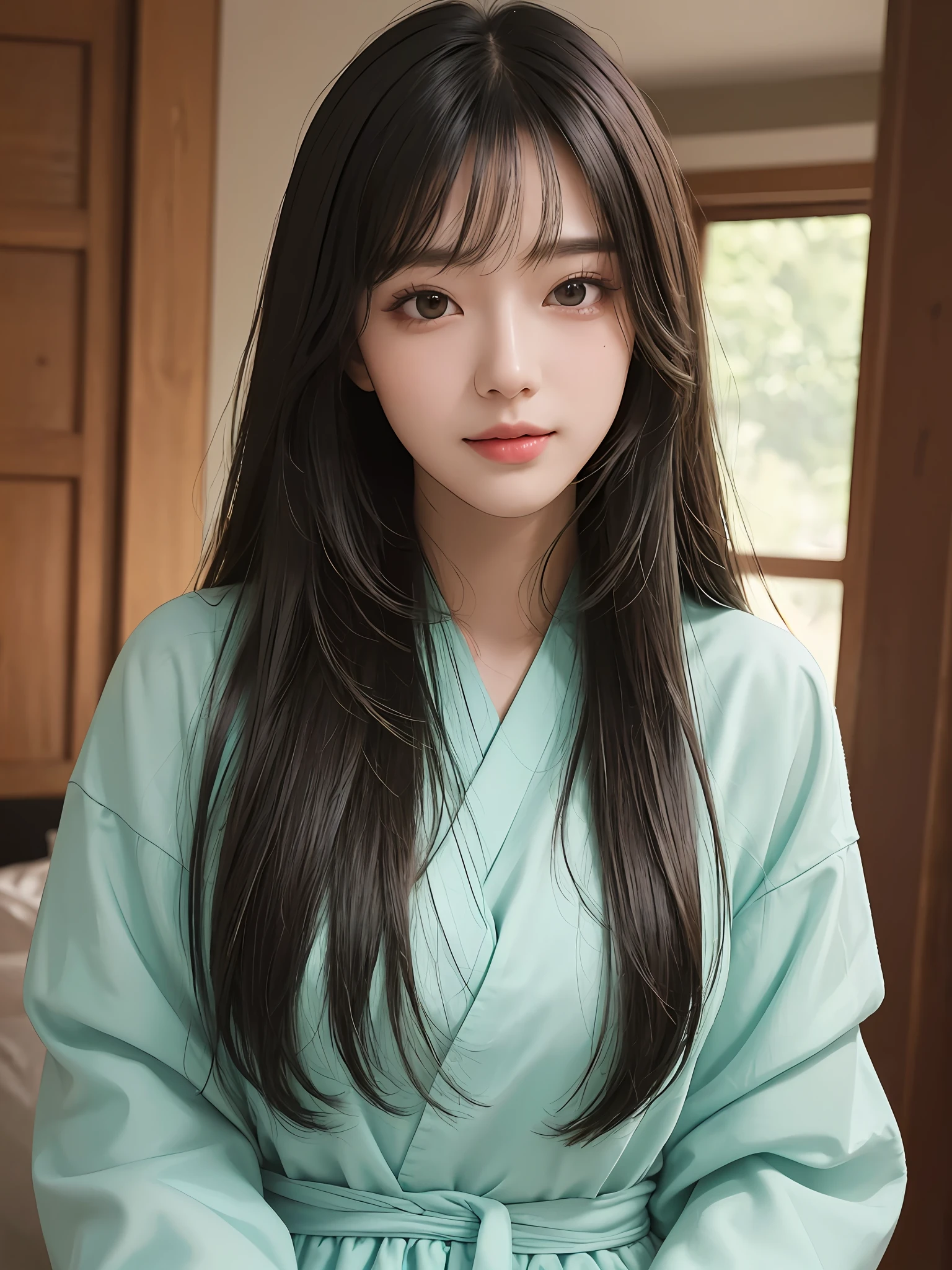 Masterpiece, best picture quality, high quality, beautiful woman, Japanese, popular Korean makeup, detailed, swollen eyes, detailed eyes, detailed skin, beautiful skin, ultra high resolution, (reality: 1.4),very beautiful, slightly younger face, beautiful skin, slender, (ultra realistic), (illustration), (high resolution), (8K), (very detailed) (best illustration), (beautifully detailed eyes), (super detailed), (wallpaper), (detailed face), looking at viewer, fine details, detailed face, pureerosfaceace_v1, smiling, always looking straight ahead, angle from waist up, realistic photo, bright lighting, professional lighting, black hair (some hair is primary color green), long hair green), long hair, dark ruins, gorgeous dress (ruffles), mature woman, long stylish bangs,