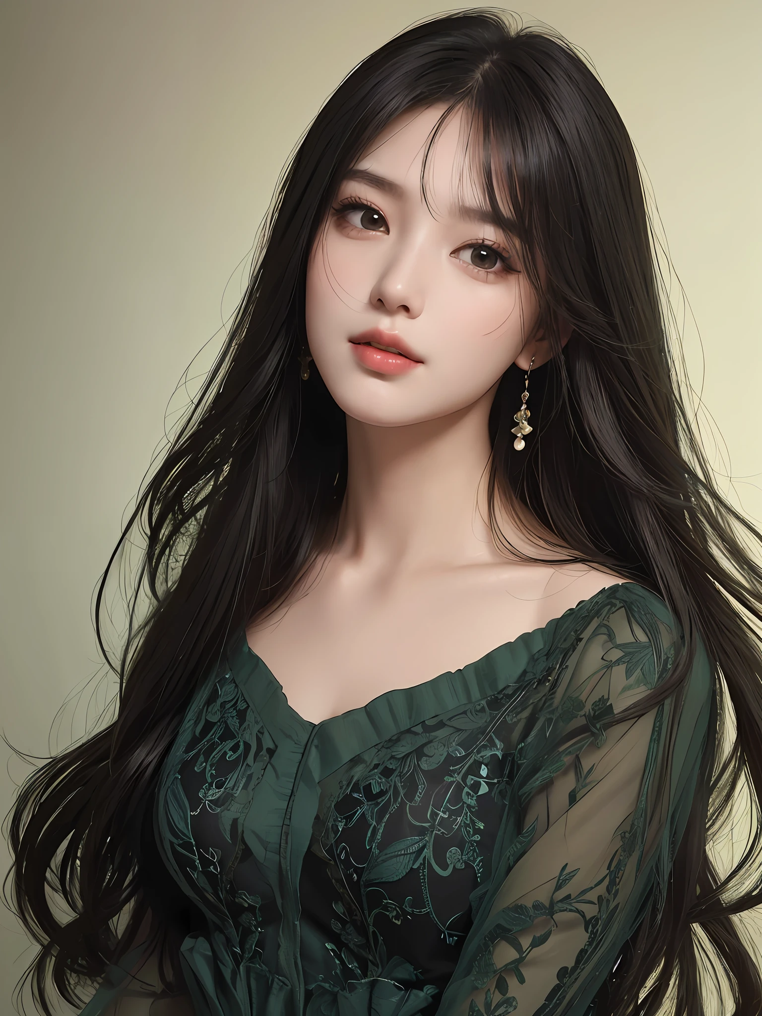 Masterpiece, best picture quality, high quality, beautiful woman, Japanese, popular Korean makeup, detailed, swollen eyes, detailed eyes, detailed skin, beautiful skin, ultra high resolution, (reality: 1.4),very beautiful, slightly younger face, beautiful skin, slender, (ultra realistic), (illustration), (high resolution), (8K), (very detailed) (best illustration), (beautifully detailed eyes), (super detailed), (wallpaper), (detailed face), looking at viewer, fine details, detailed face, pureerosfaceace_v1, smiling, always looking straight ahead, angle from waist up, realistic photo, bright lighting, professional lighting, black hair (some hair is primary color green), long hair green), long hair, dark ruins, gorgeous dress (ruffles, red, black,), mature woman, long stylish bangs,
