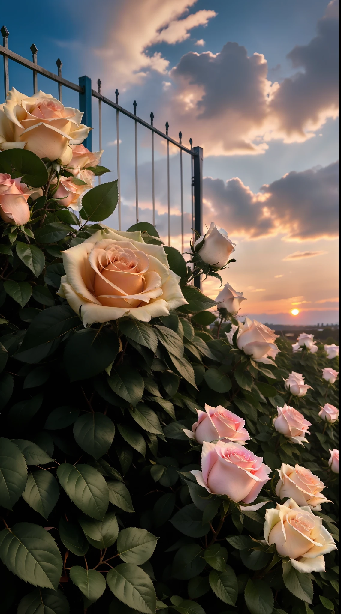 The sky is a magnificent sunset, In front of it is a row of white fences, The fence is covered with delicate roses, The colors of the roses are colorful, The whole picture is romantic, reality, high detail, Realism, chromatic aberration, chiaroscuro, UHD, masterpiece, ccurate, anatomically correct, super detail, high details, high quality, award winning, best quality, highres, 16k