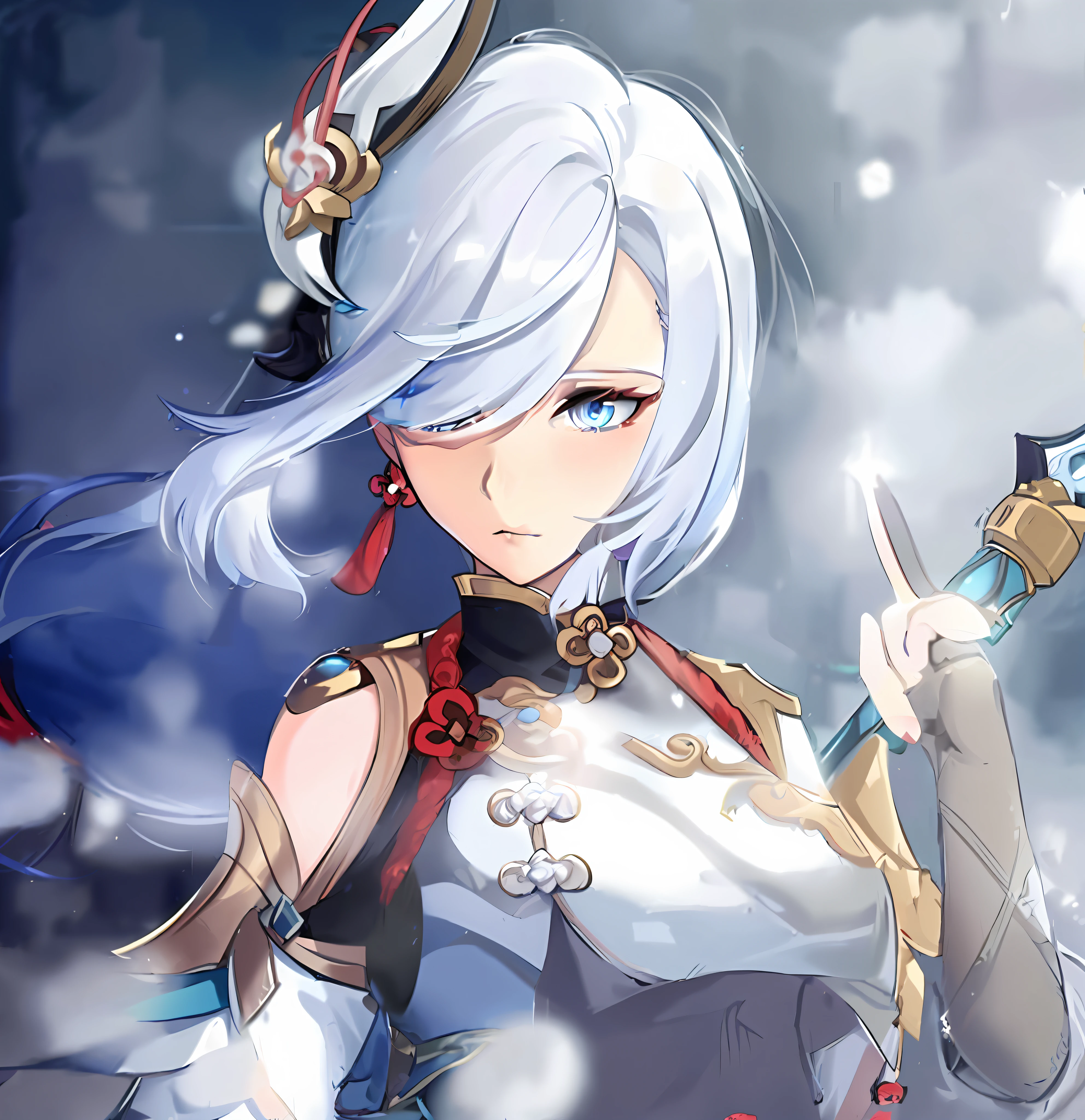 anime girl with white hair and blue eyes holding a sword, white haired deity, keqing from genshin impact, zhongli from genshin impact, onmyoji portrait, onmyoji, ayaka genshin impact, white haired, white-haired, portrait knights of zodiac girl, onmyoji detailed art, genshin impact character, zhao yun