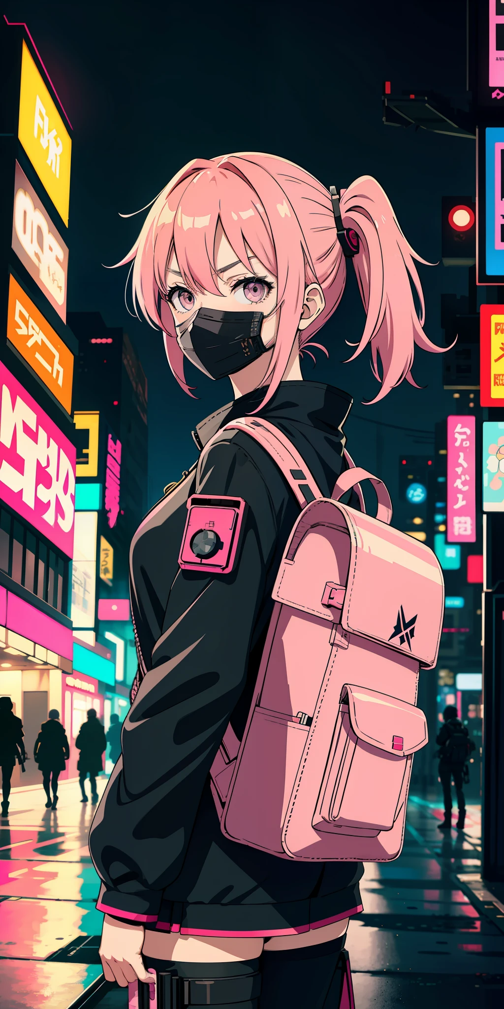 Anime girl with pink hair, military uniform, cyberpunk style, high-tech outfit, serious look, gray eyes, tactical backpack, city background, blur, mask