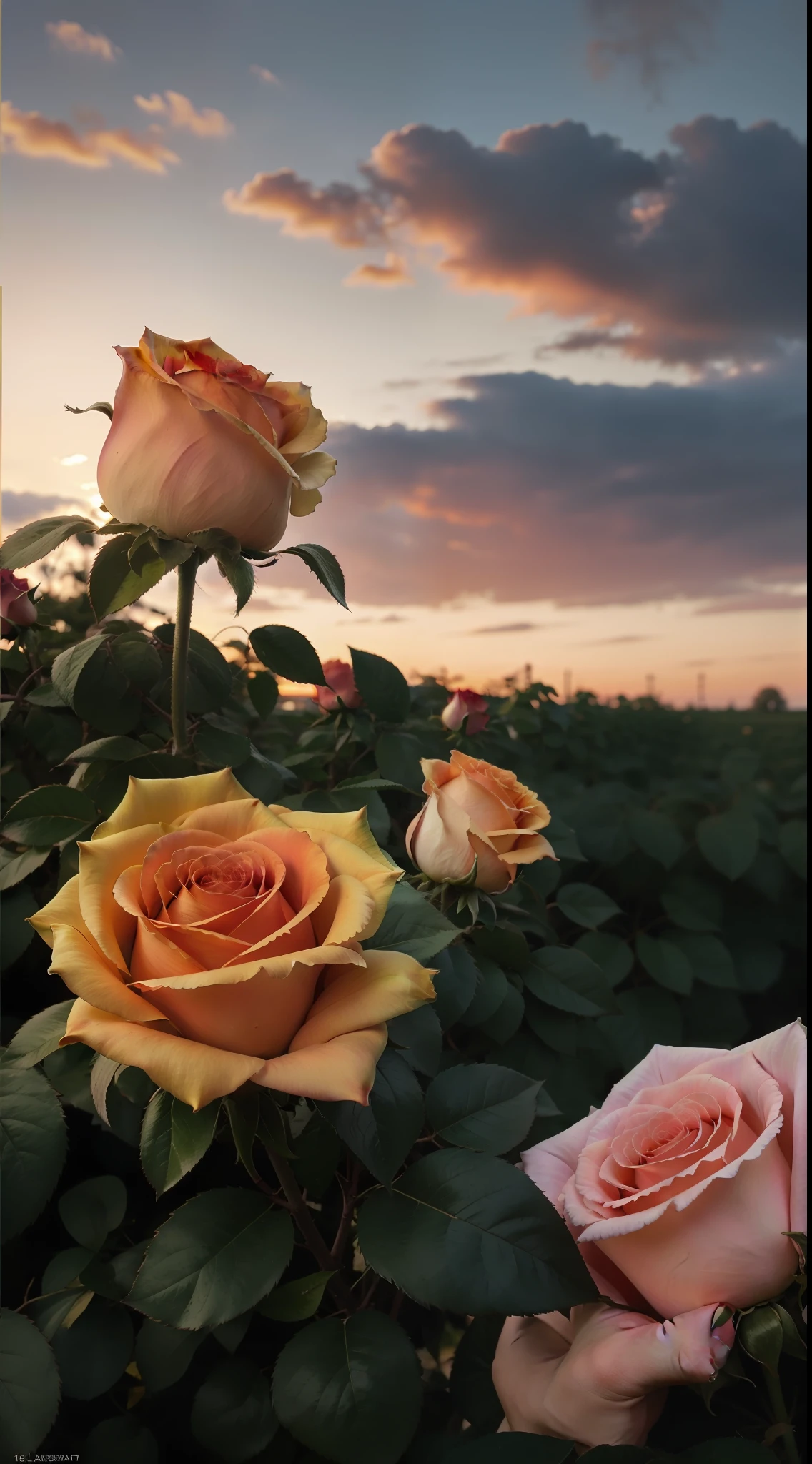 The sky is a magnificent sunset, In front of it is a row of white fences, The fence is covered with delicate roses, The colors of the roses are colorful, The whole picture is romantic, reality, high detail, Realism, chromatic aberration, chiaroscuro, UHD, masterpiece, ccurate, anatomically correct, super detail, high details, high quality, award winning, best quality, highres, 16k