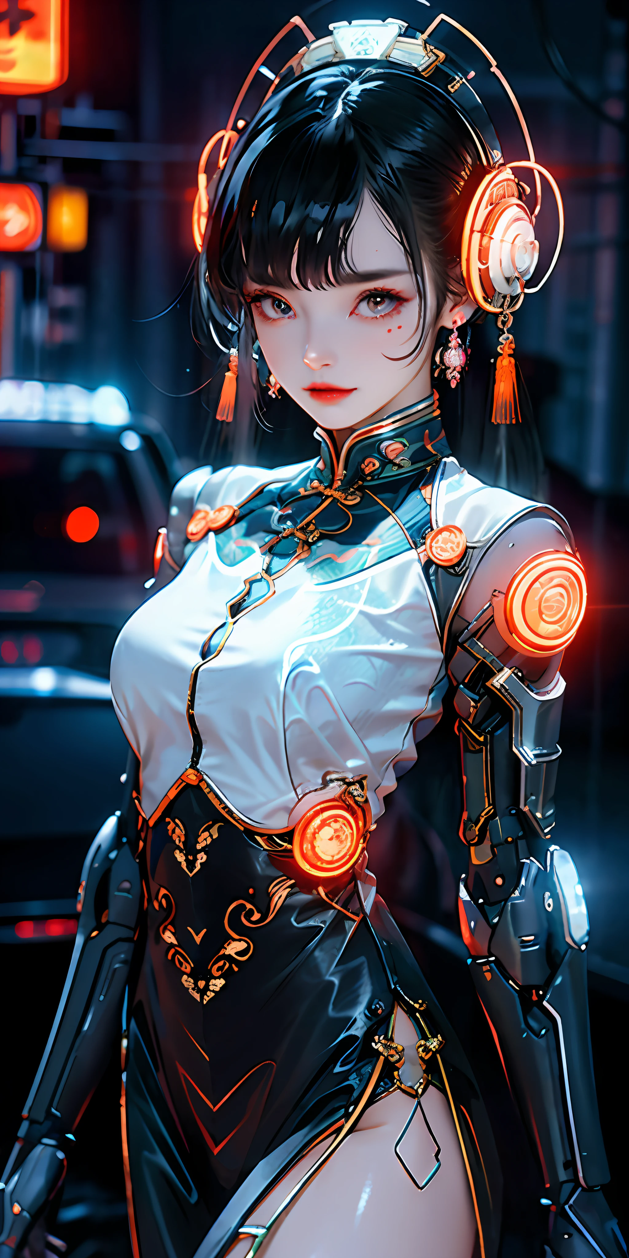 1 girl, Chinese_clothes, liquid silver and orange, cyberhan, cheongsam, cyberpunk city, dynamic pose, detailed luminous headphones, glowing hair accessories, long hair, glowing earrings, glowing necklace, cyberpunk, high-tech city, full of mechanical and futuristic elements, futuristic, technology, glowing neon, orange, orange light, transparent tulle, transparent streamers, laser, digital background urban sky, big moon, with vehicles, best quality, masterpiece, 8K, character edge light, Super high detail, high quality, the most beautiful woman in human beings, micro smile, face facing front and left and right symmetry, ear decoration, beautiful pupils, light effects, visual data, silver white hair, super detail facial texture